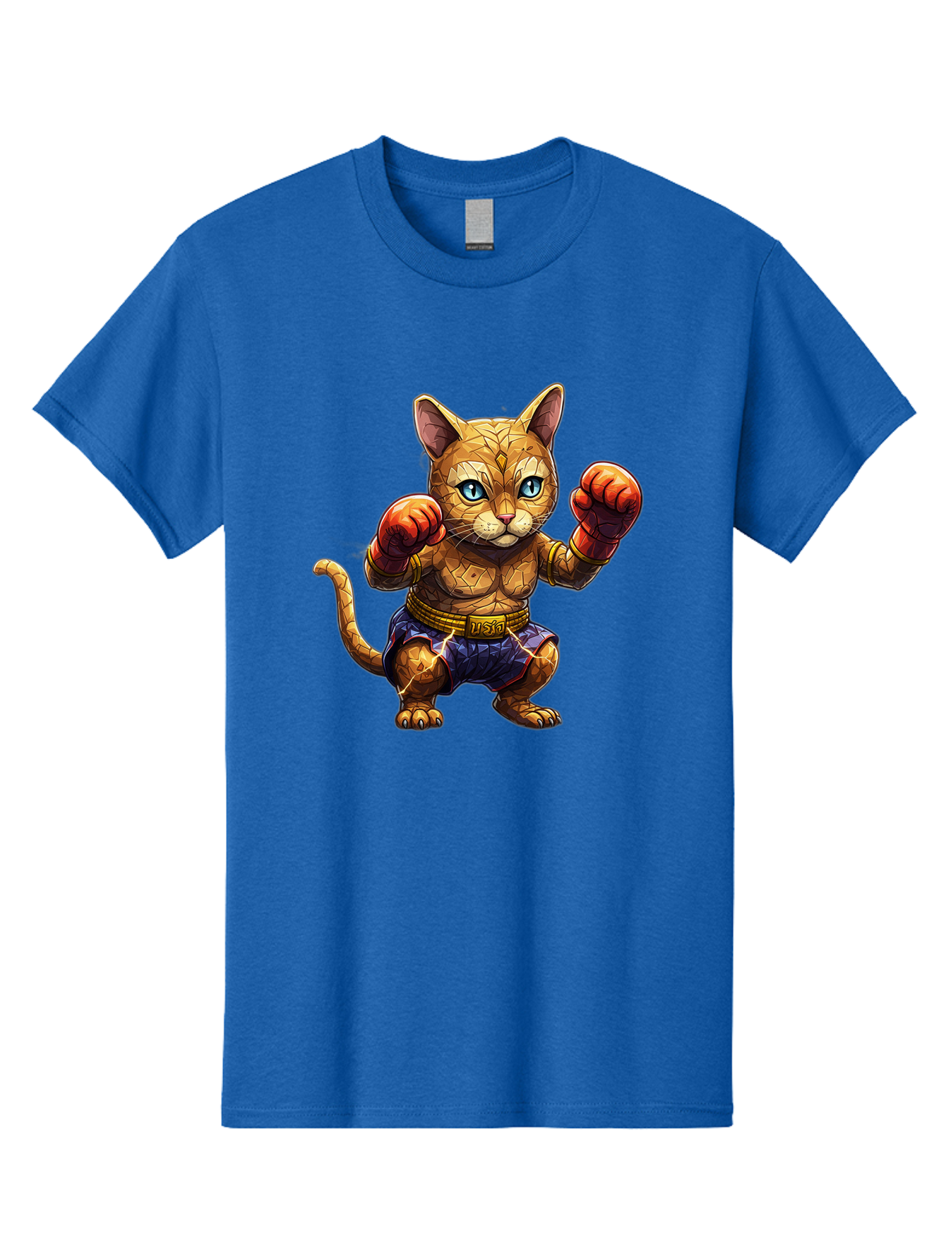 Kung-Fu-Cat-1 Men'S Graphic Tee, 100% Cotton, Comfortable Casual Summer Wear, Machine Washable, Cartoon Cat With Boxing Gloves, Muscular Cat, Fighting Stance, Blue Shorts, Gold Belt, Tiger-Like, Orange Fur, Intense Stare, Athletic Build, Bae481