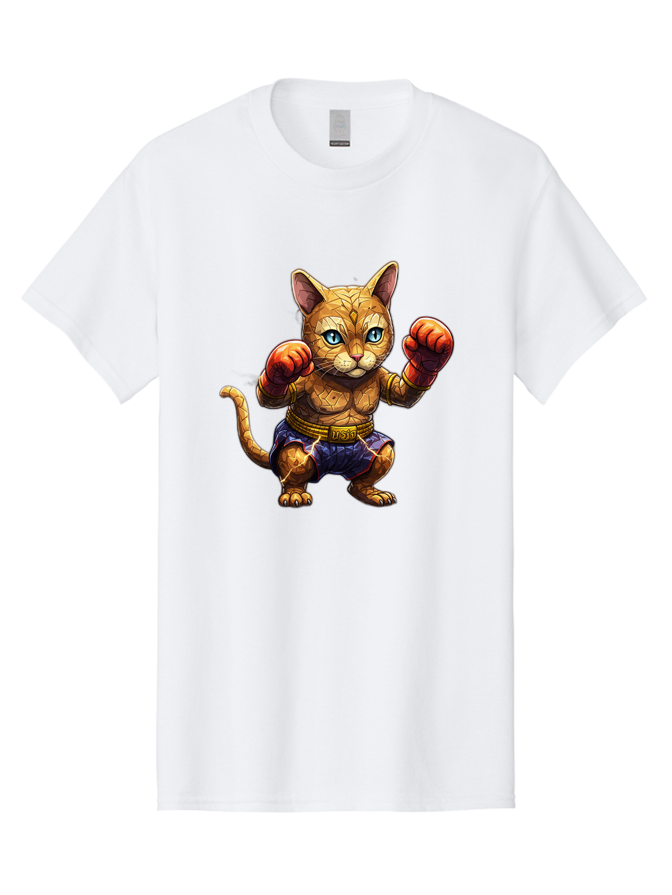 Kung-Fu-Cat-1 Men'S Graphic Tee, 100% Cotton, Comfortable Casual Summer Wear, Machine Washable, Cartoon Cat With Boxing Gloves, Muscular Cat, Fighting Stance, Blue Shorts, Gold Belt, Tiger-Like, Orange Fur, Intense Stare, Athletic Build, Bae481