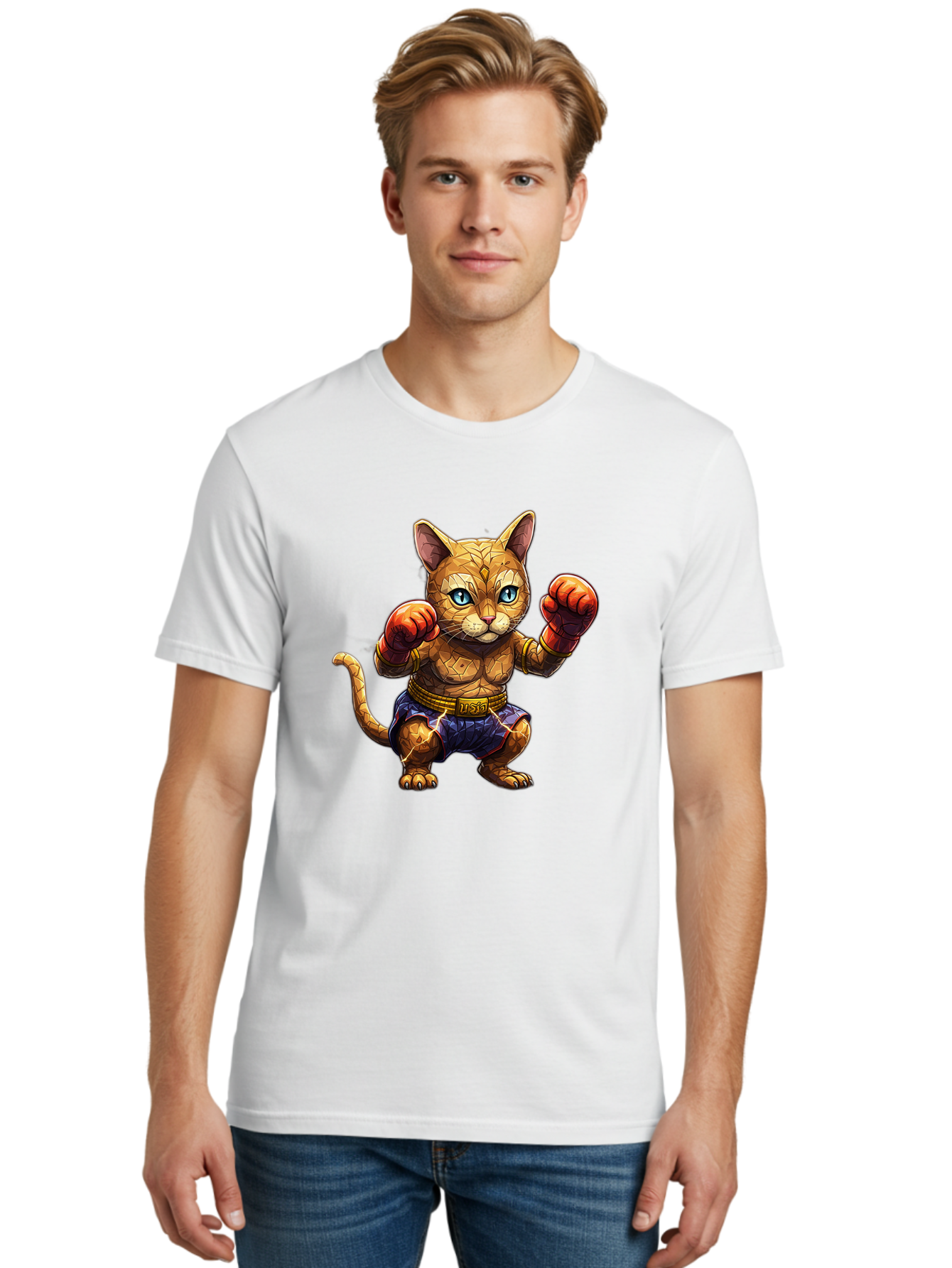 Kung-Fu-Cat-1 Men'S Graphic Tee, 100% Cotton, Comfortable Casual Summer Wear, Machine Washable, Cartoon Cat With Boxing Gloves, Muscular Cat, Fighting Stance, Blue Shorts, Gold Belt, Tiger-Like, Orange Fur, Intense Stare, Athletic Build, Bae481