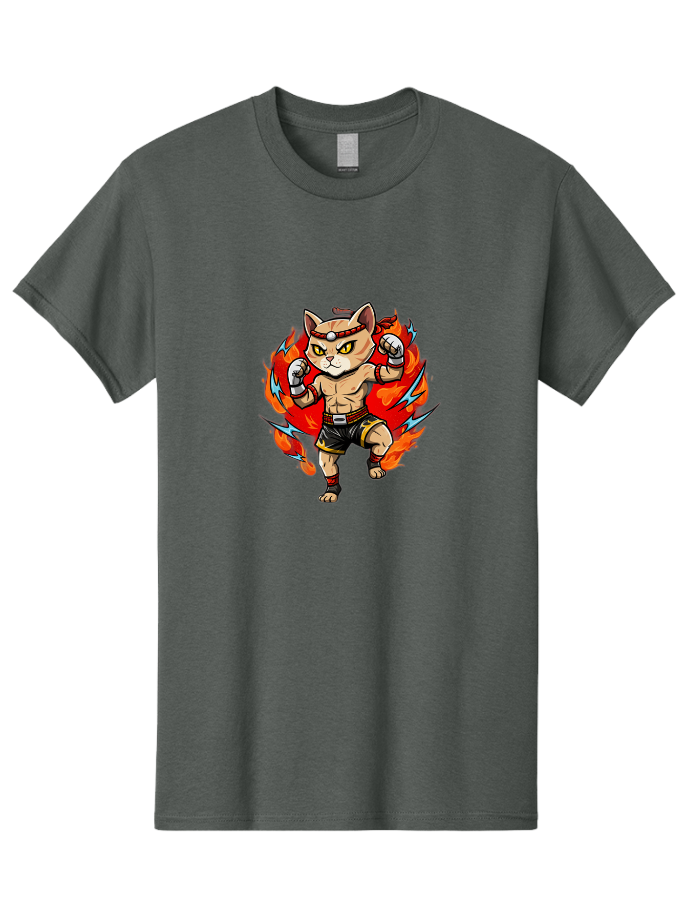 Kung-Fu-Cat Men'S Graphic Tee, 100% Cotton, Comfortable Casual Summer Wear, Machine Washable, Cartoon Cat, Fighting Stance, Martial Arts, Ninja Kitty, Red Flames, Orange Kitten, Yellow Eyes, Boxing Gloves Bae482