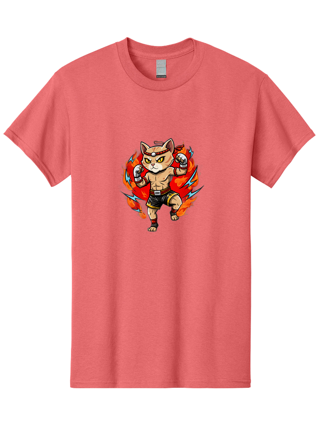 Kung-Fu-Cat Men'S Graphic Tee, 100% Cotton, Comfortable Casual Summer Wear, Machine Washable, Cartoon Cat, Fighting Stance, Martial Arts, Ninja Kitty, Red Flames, Orange Kitten, Yellow Eyes, Boxing Gloves Bae482