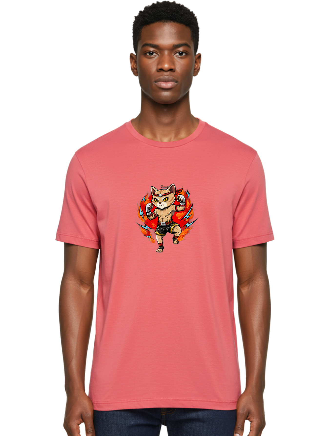 Kung-Fu-Cat Men'S Graphic Tee, 100% Cotton, Comfortable Casual Summer Wear, Machine Washable, Cartoon Cat, Fighting Stance, Martial Arts, Ninja Kitty, Red Flames, Orange Kitten, Yellow Eyes, Boxing Gloves Bae482