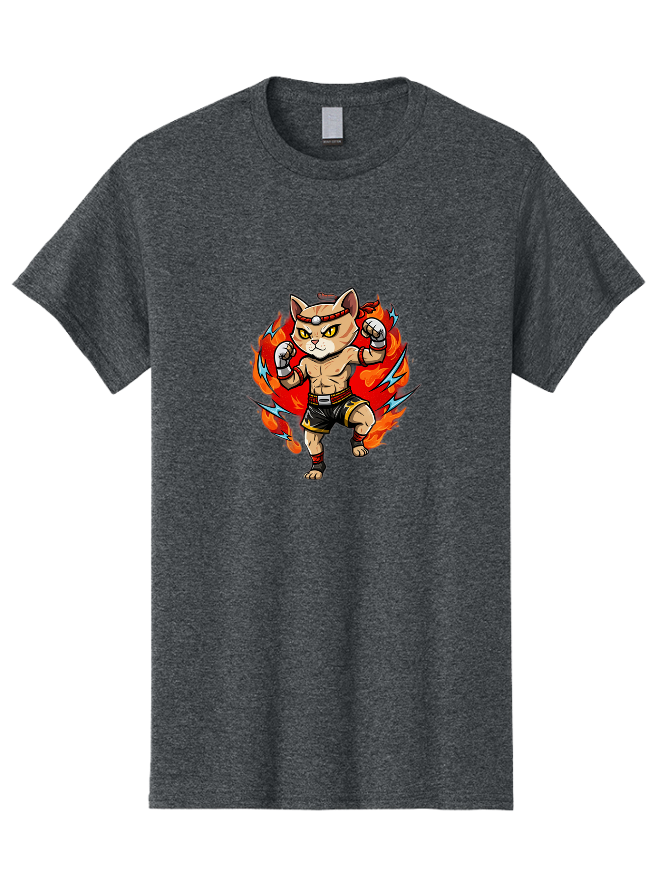 Kung-Fu-Cat Men'S Graphic Tee, 100% Cotton, Comfortable Casual Summer Wear, Machine Washable, Cartoon Cat, Fighting Stance, Martial Arts, Ninja Kitty, Red Flames, Orange Kitten, Yellow Eyes, Boxing Gloves Bae482