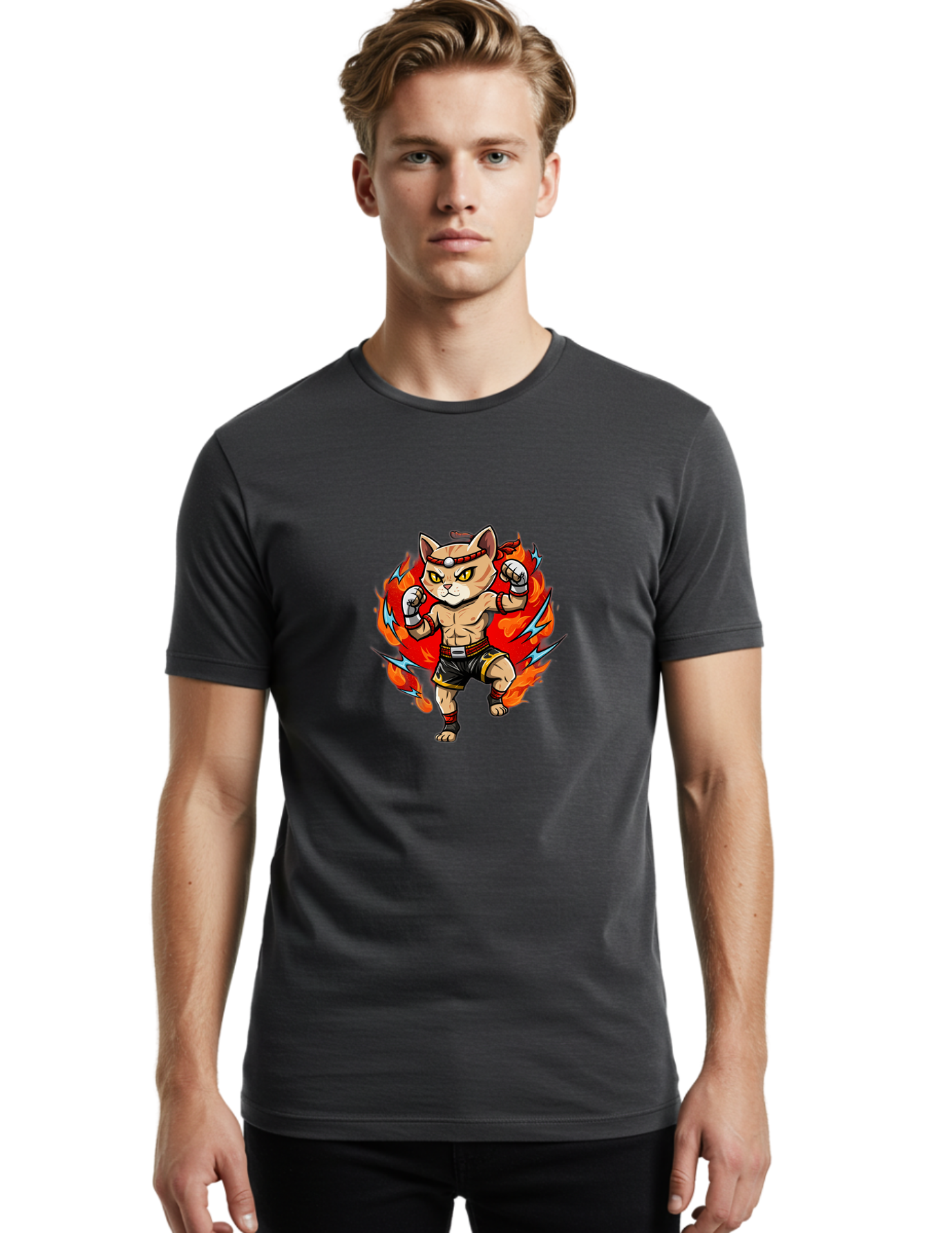 Kung-Fu-Cat Men'S Graphic Tee, 100% Cotton, Comfortable Casual Summer Wear, Machine Washable, Cartoon Cat, Fighting Stance, Martial Arts, Ninja Kitty, Red Flames, Orange Kitten, Yellow Eyes, Boxing Gloves Bae482