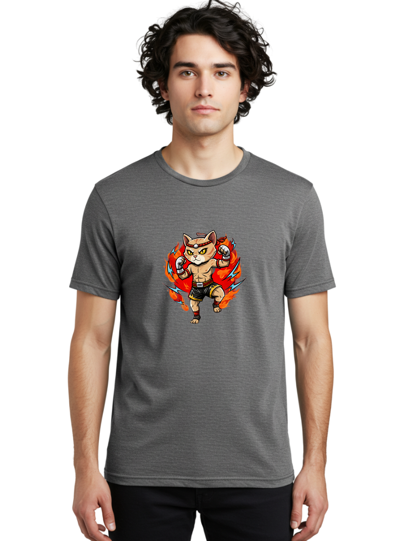 Kung-Fu-Cat Men'S Graphic Tee, 100% Cotton, Comfortable Casual Summer Wear, Machine Washable, Cartoon Cat, Fighting Stance, Martial Arts, Ninja Kitty, Red Flames, Orange Kitten, Yellow Eyes, Boxing Gloves Bae482
