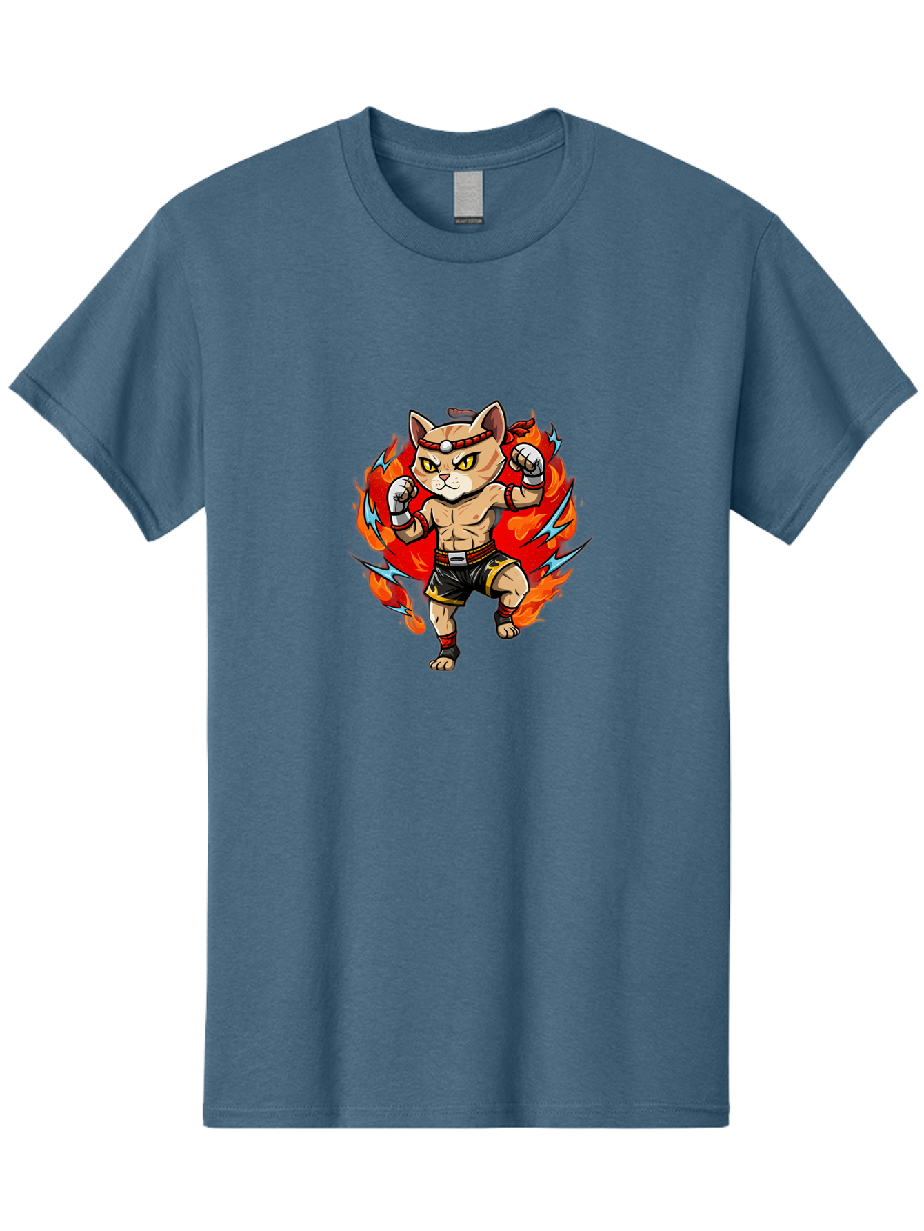 Kung-Fu-Cat Men'S Graphic Tee, 100% Cotton, Comfortable Casual Summer Wear, Machine Washable, Cartoon Cat, Fighting Stance, Martial Arts, Ninja Kitty, Red Flames, Orange Kitten, Yellow Eyes, Boxing Gloves Bae482