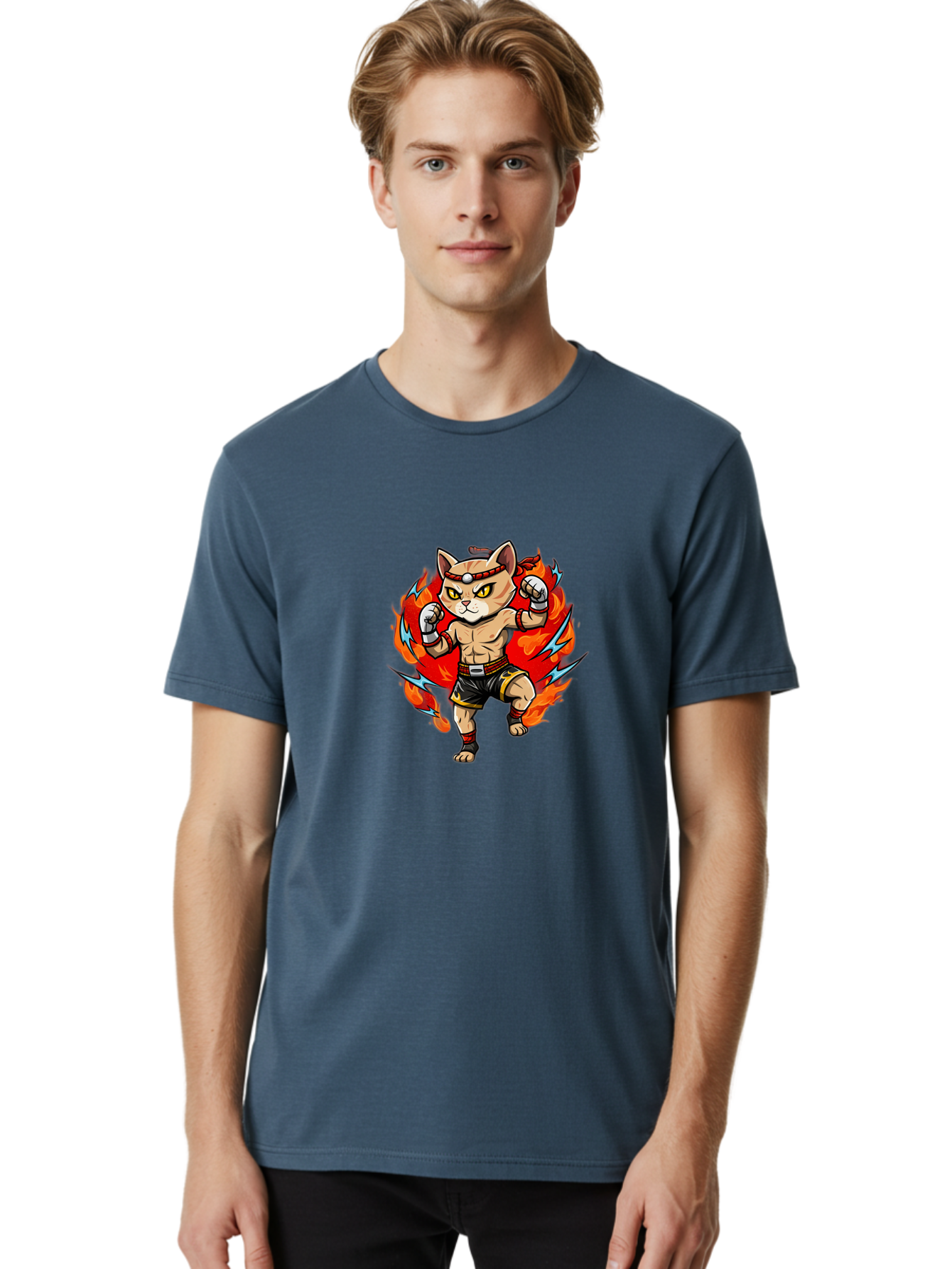 Kung-Fu-Cat Men'S Graphic Tee, 100% Cotton, Comfortable Casual Summer Wear, Machine Washable, Cartoon Cat, Fighting Stance, Martial Arts, Ninja Kitty, Red Flames, Orange Kitten, Yellow Eyes, Boxing Gloves Bae482
