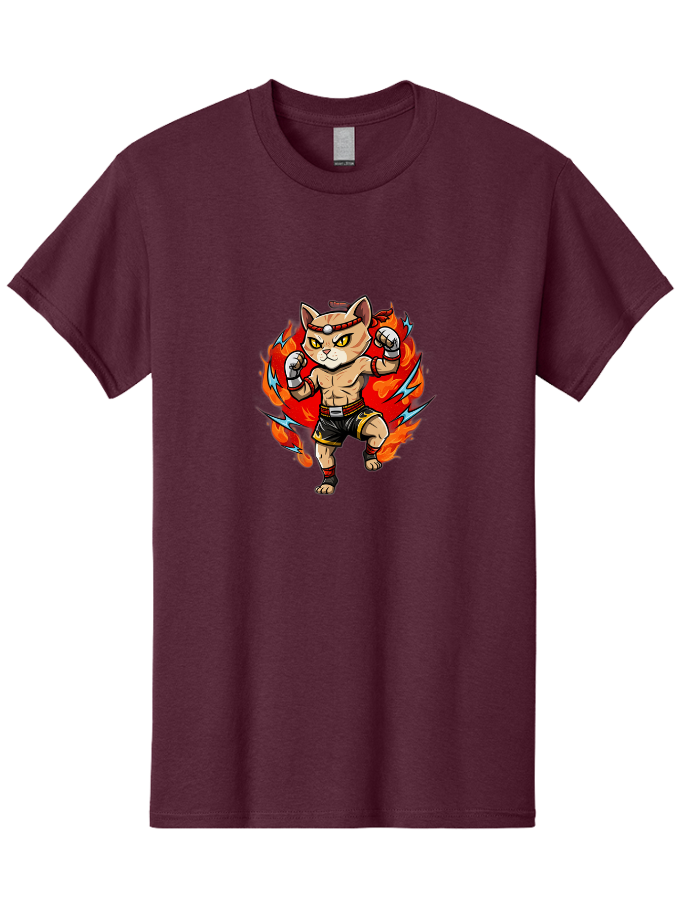 Kung-Fu-Cat Men'S Graphic Tee, 100% Cotton, Comfortable Casual Summer Wear, Machine Washable, Cartoon Cat, Fighting Stance, Martial Arts, Ninja Kitty, Red Flames, Orange Kitten, Yellow Eyes, Boxing Gloves Bae482
