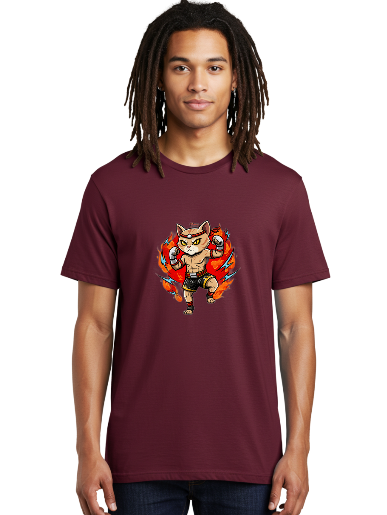 Kung-Fu-Cat Men'S Graphic Tee, 100% Cotton, Comfortable Casual Summer Wear, Machine Washable, Cartoon Cat, Fighting Stance, Martial Arts, Ninja Kitty, Red Flames, Orange Kitten, Yellow Eyes, Boxing Gloves Bae482
