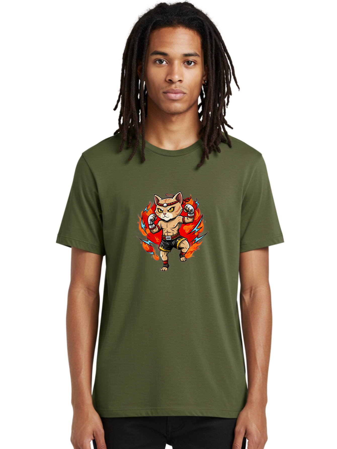 Kung-Fu-Cat Men'S Graphic Tee, 100% Cotton, Comfortable Casual Summer Wear, Machine Washable, Cartoon Cat, Fighting Stance, Martial Arts, Ninja Kitty, Red Flames, Orange Kitten, Yellow Eyes, Boxing Gloves Bae482