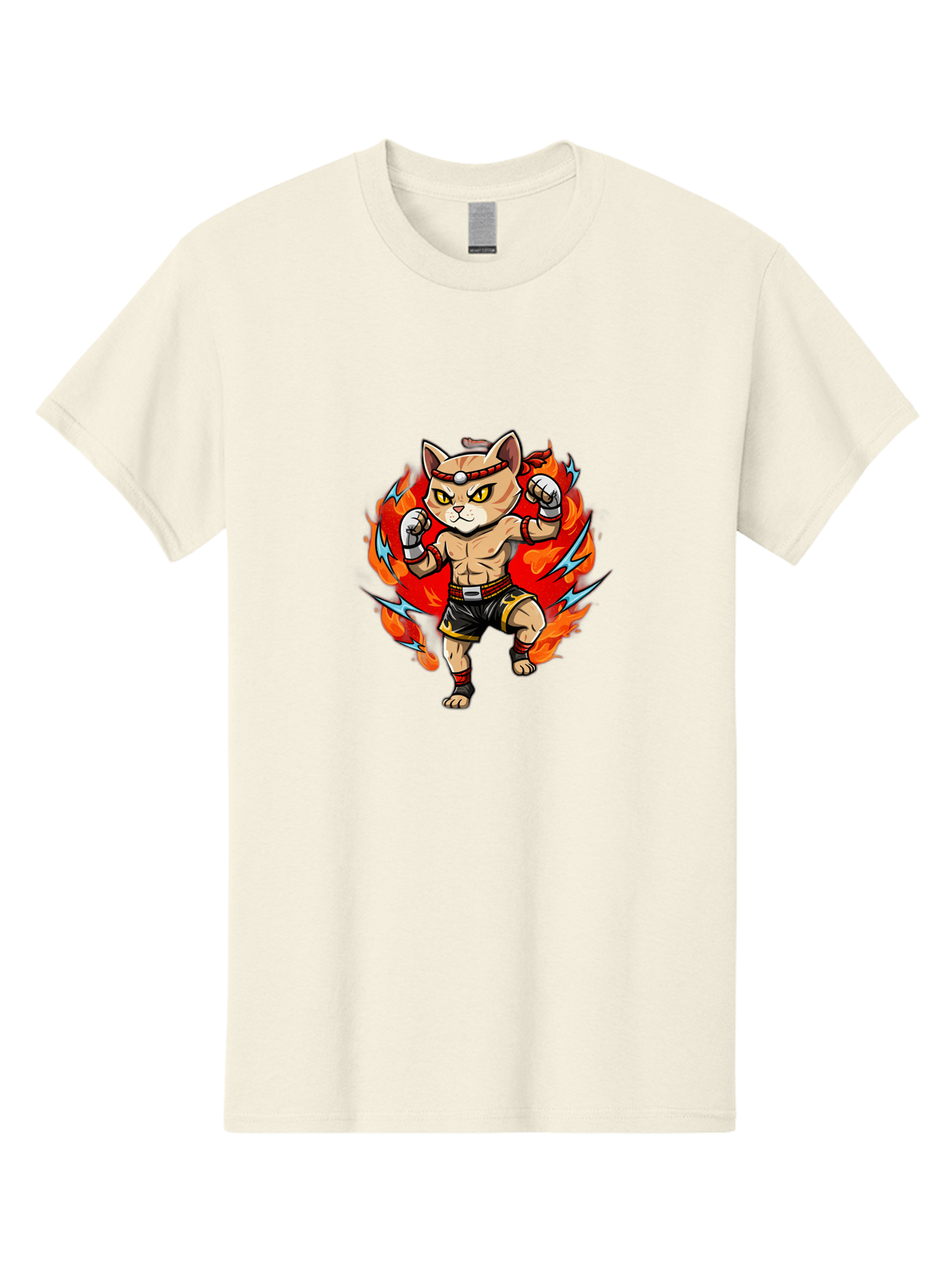 Kung-Fu-Cat Men'S Graphic Tee, 100% Cotton, Comfortable Casual Summer Wear, Machine Washable, Cartoon Cat, Fighting Stance, Martial Arts, Ninja Kitty, Red Flames, Orange Kitten, Yellow Eyes, Boxing Gloves Bae482