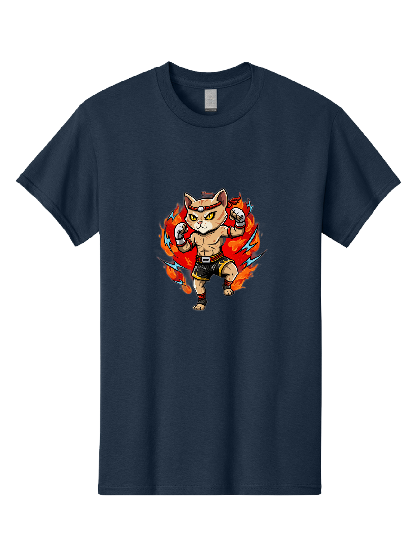 Kung-Fu-Cat Men'S Graphic Tee, 100% Cotton, Comfortable Casual Summer Wear, Machine Washable, Cartoon Cat, Fighting Stance, Martial Arts, Ninja Kitty, Red Flames, Orange Kitten, Yellow Eyes, Boxing Gloves Bae482