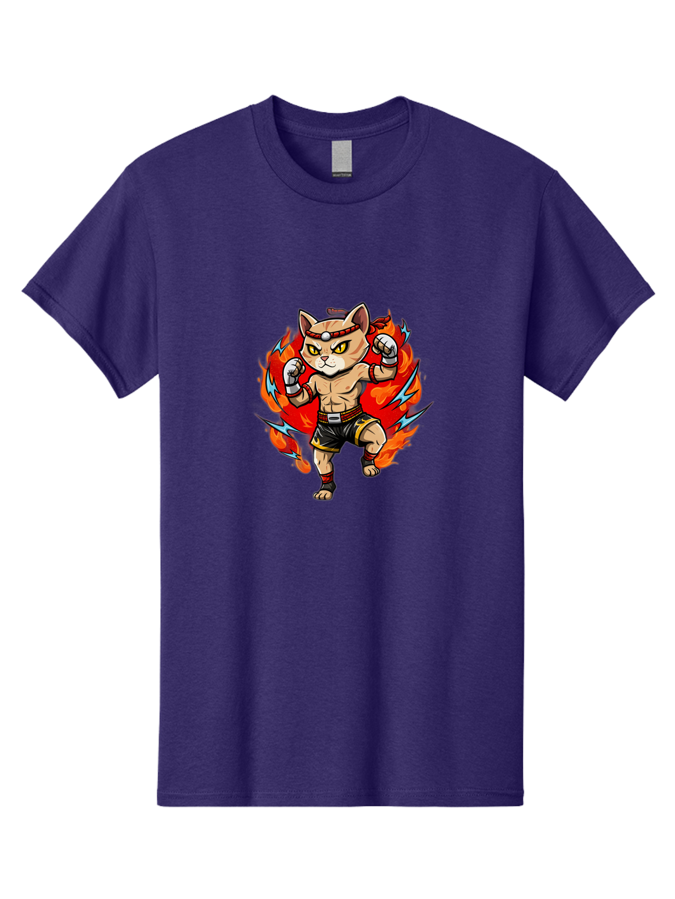 Kung-Fu-Cat Men'S Graphic Tee, 100% Cotton, Comfortable Casual Summer Wear, Machine Washable, Cartoon Cat, Fighting Stance, Martial Arts, Ninja Kitty, Red Flames, Orange Kitten, Yellow Eyes, Boxing Gloves Bae482