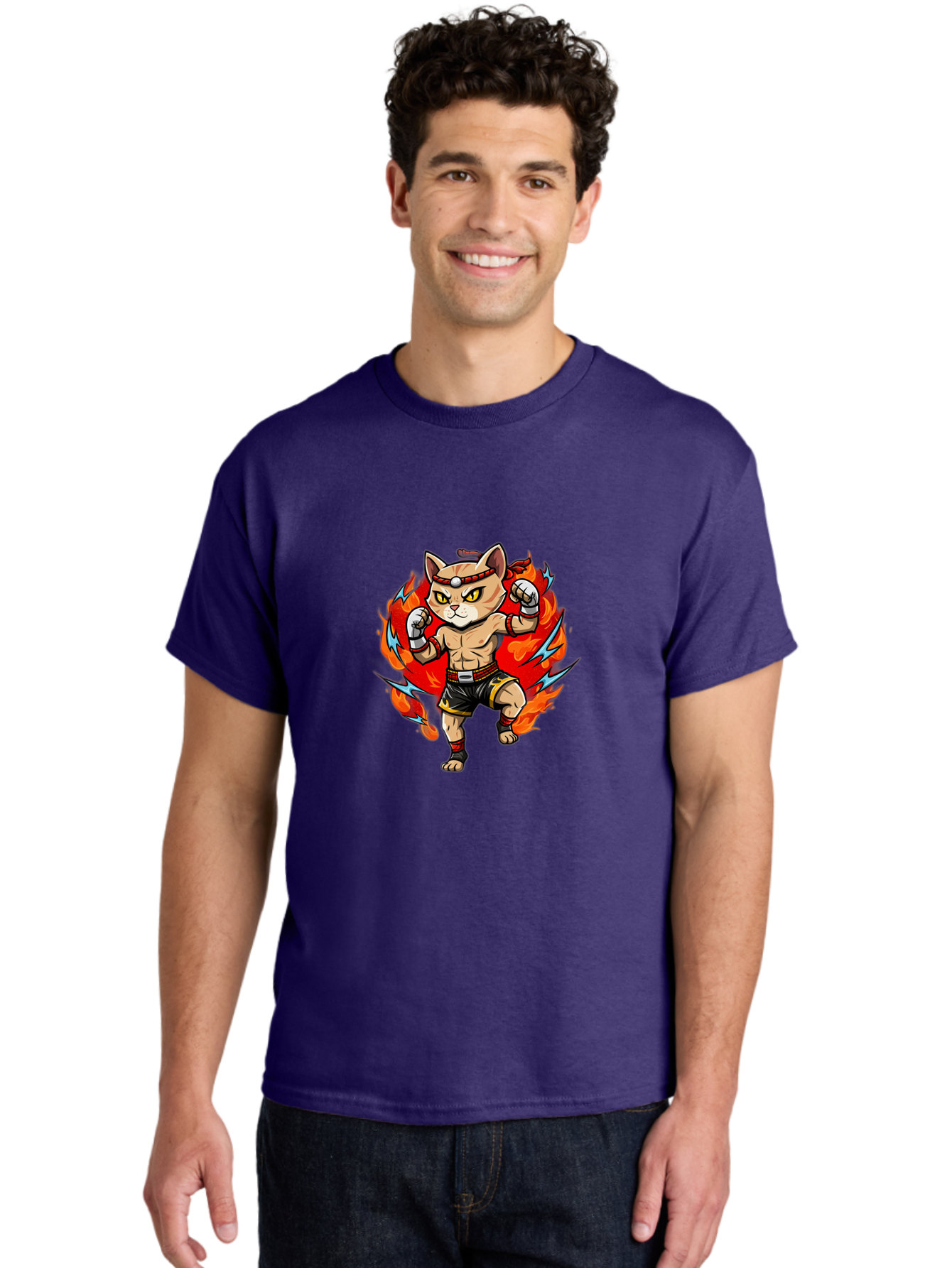 Kung-Fu-Cat Men'S Graphic Tee, 100% Cotton, Comfortable Casual Summer Wear, Machine Washable, Cartoon Cat, Fighting Stance, Martial Arts, Ninja Kitty, Red Flames, Orange Kitten, Yellow Eyes, Boxing Gloves Bae482