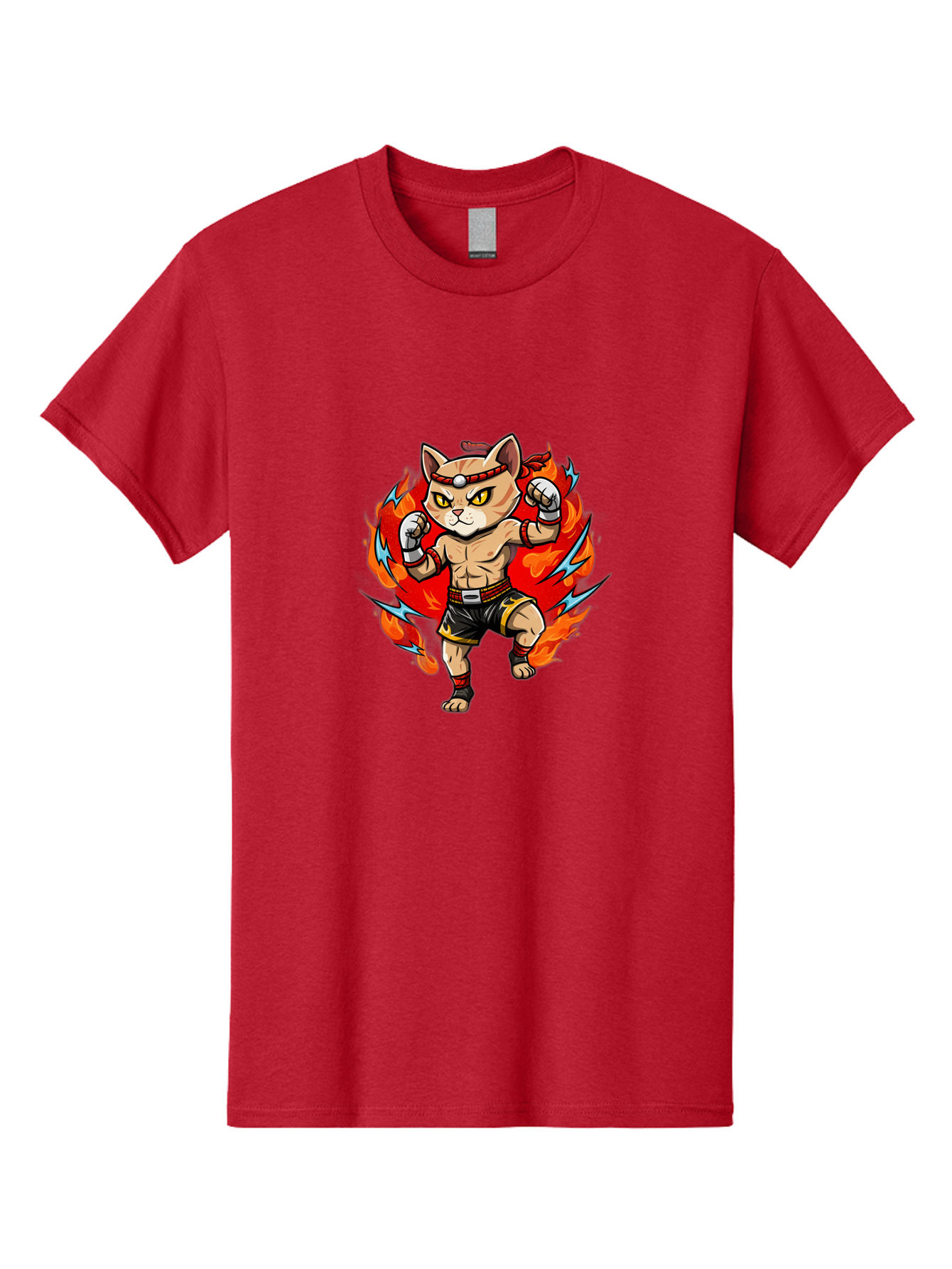 Kung-Fu-Cat Men'S Graphic Tee, 100% Cotton, Comfortable Casual Summer Wear, Machine Washable, Cartoon Cat, Fighting Stance, Martial Arts, Ninja Kitty, Red Flames, Orange Kitten, Yellow Eyes, Boxing Gloves Bae482