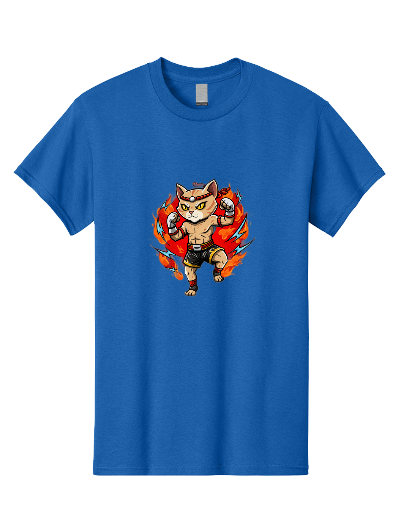 Kung-Fu-Cat Men'S Graphic Tee, 100% Cotton, Comfortable Casual Summer Wear, Machine Washable, Cartoon Cat, Fighting Stance, Martial Arts, Ninja Kitty, Red Flames, Orange Kitten, Yellow Eyes, Boxing Gloves Bae482