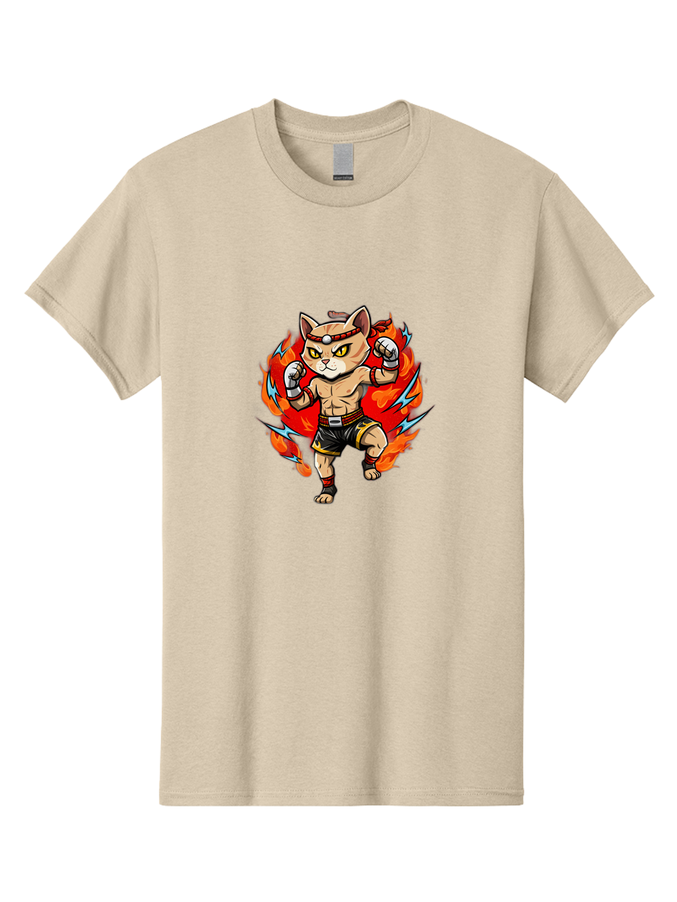 Kung-Fu-Cat Men'S Graphic Tee, 100% Cotton, Comfortable Casual Summer Wear, Machine Washable, Cartoon Cat, Fighting Stance, Martial Arts, Ninja Kitty, Red Flames, Orange Kitten, Yellow Eyes, Boxing Gloves Bae482