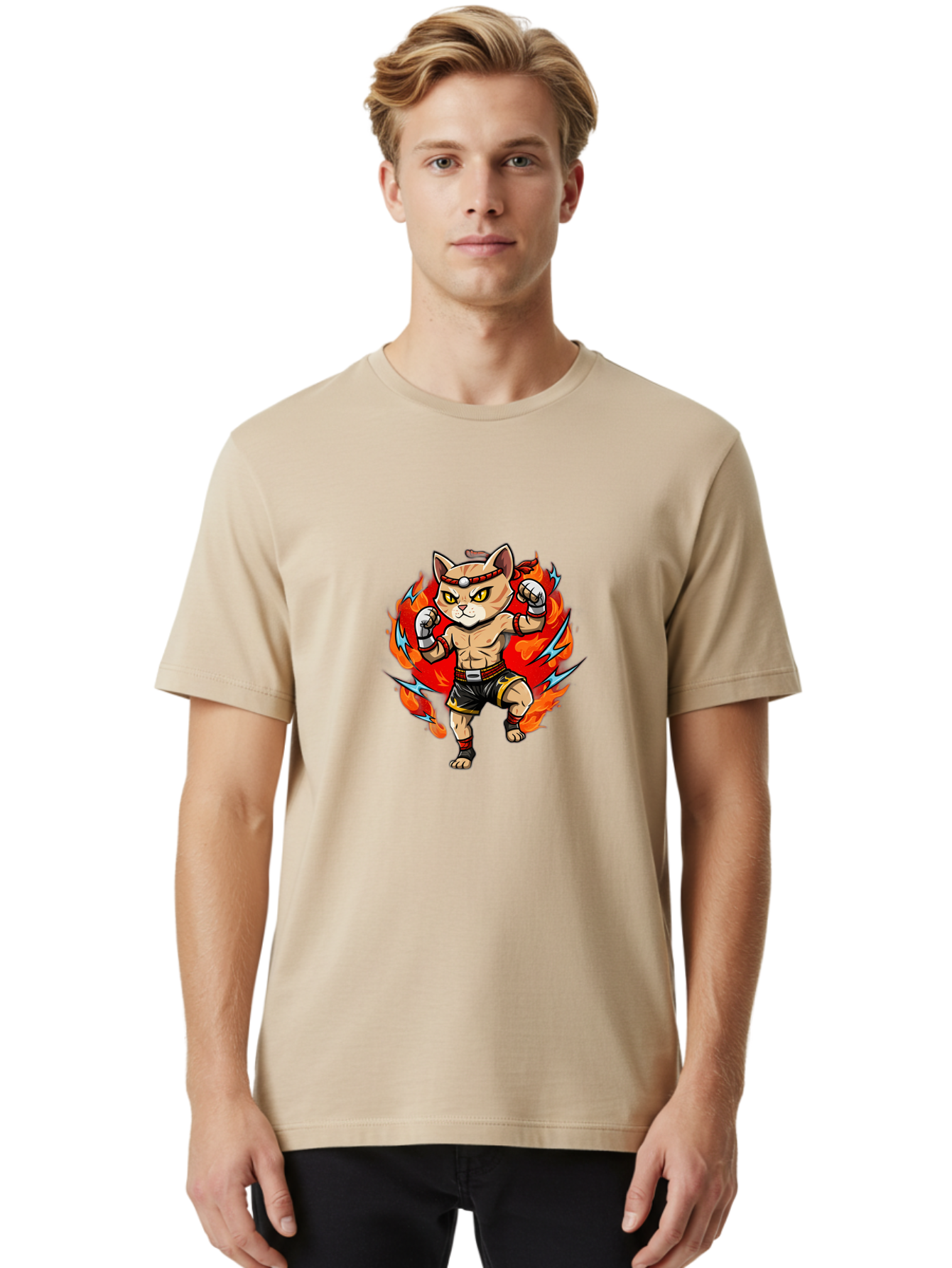 Kung-Fu-Cat Men'S Graphic Tee, 100% Cotton, Comfortable Casual Summer Wear, Machine Washable, Cartoon Cat, Fighting Stance, Martial Arts, Ninja Kitty, Red Flames, Orange Kitten, Yellow Eyes, Boxing Gloves Bae482