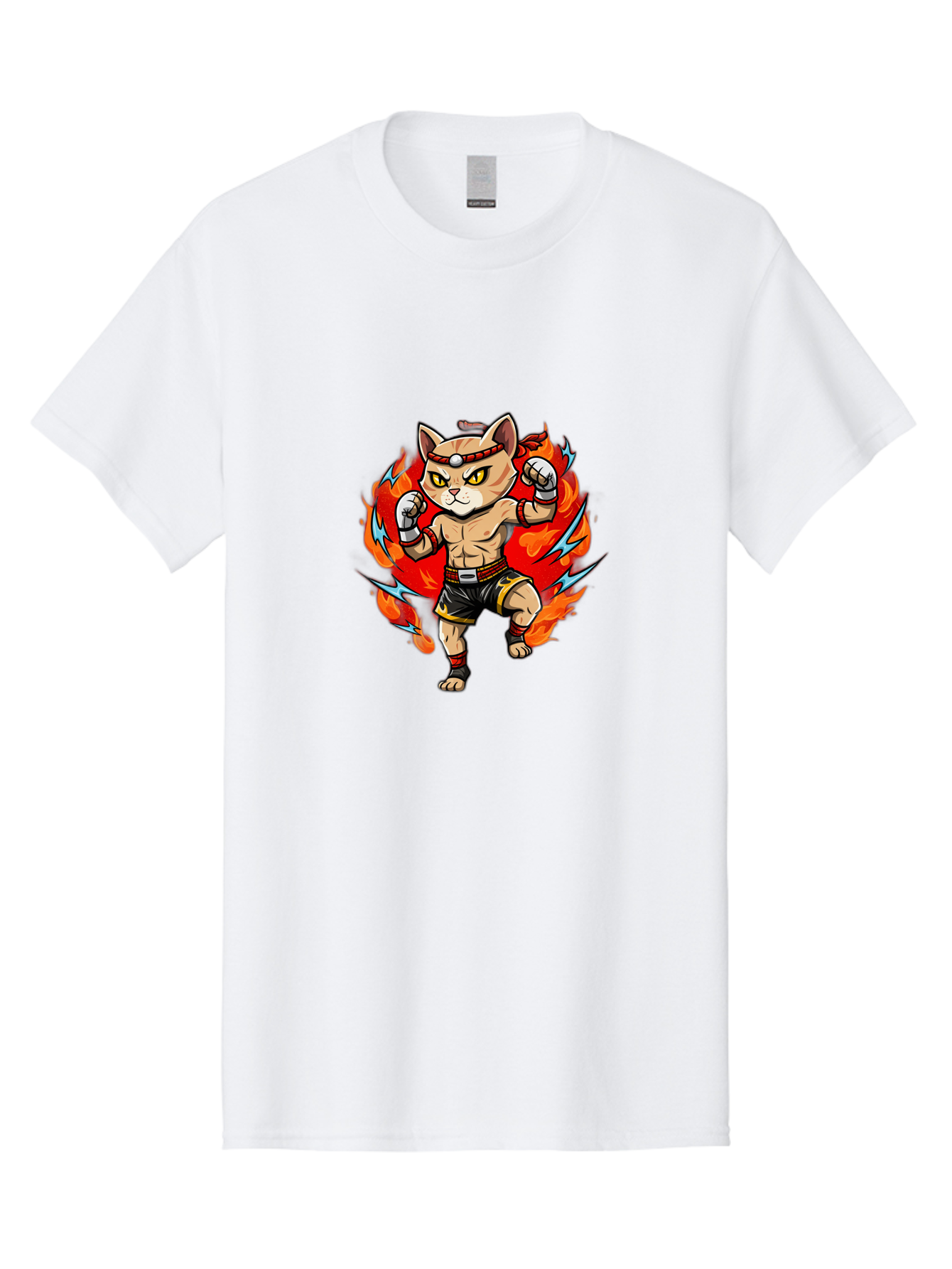 Kung-Fu-Cat Men'S Graphic Tee, 100% Cotton, Comfortable Casual Summer Wear, Machine Washable, Cartoon Cat, Fighting Stance, Martial Arts, Ninja Kitty, Red Flames, Orange Kitten, Yellow Eyes, Boxing Gloves Bae482