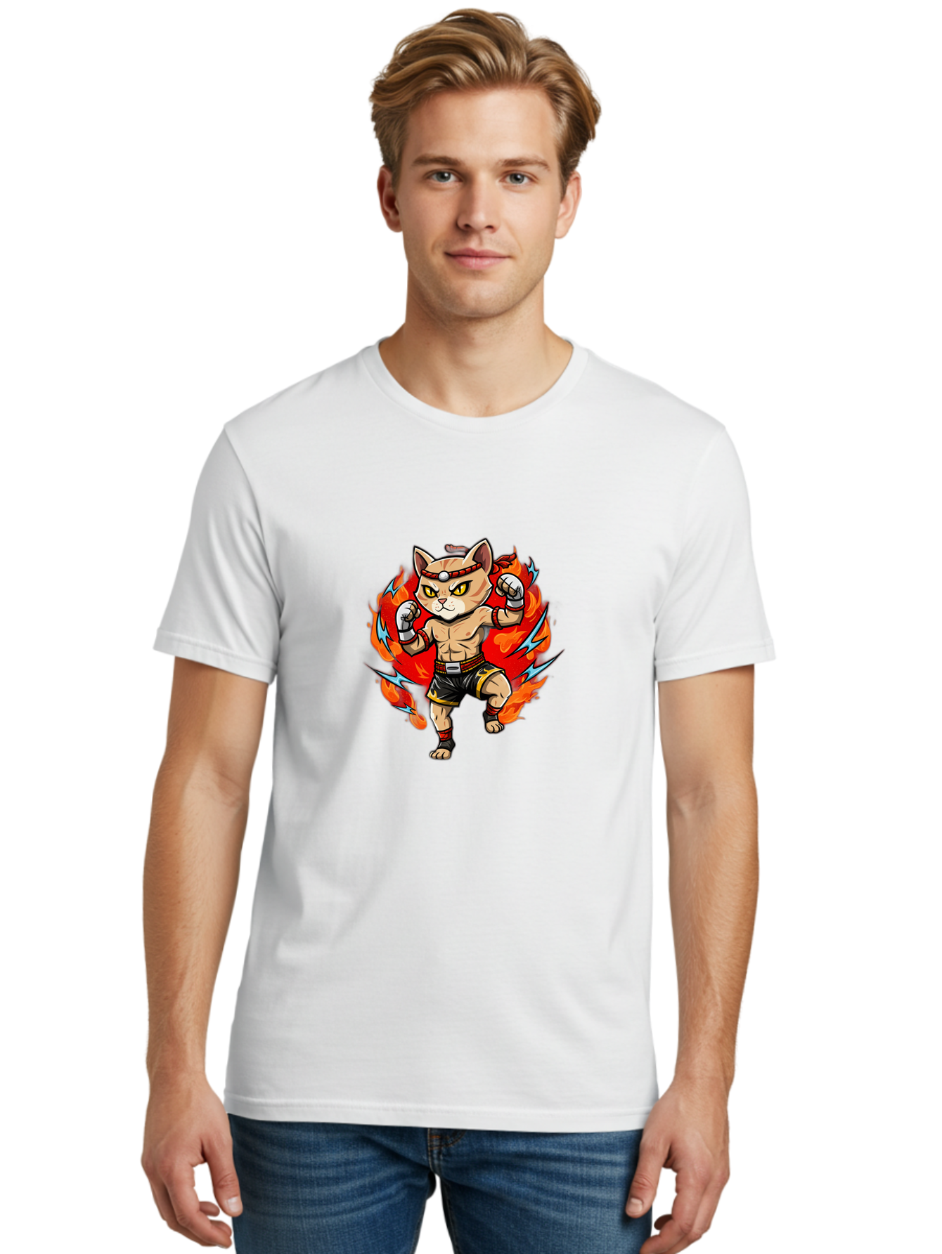 Kung-Fu-Cat Men'S Graphic Tee, 100% Cotton, Comfortable Casual Summer Wear, Machine Washable, Cartoon Cat, Fighting Stance, Martial Arts, Ninja Kitty, Red Flames, Orange Kitten, Yellow Eyes, Boxing Gloves Bae482