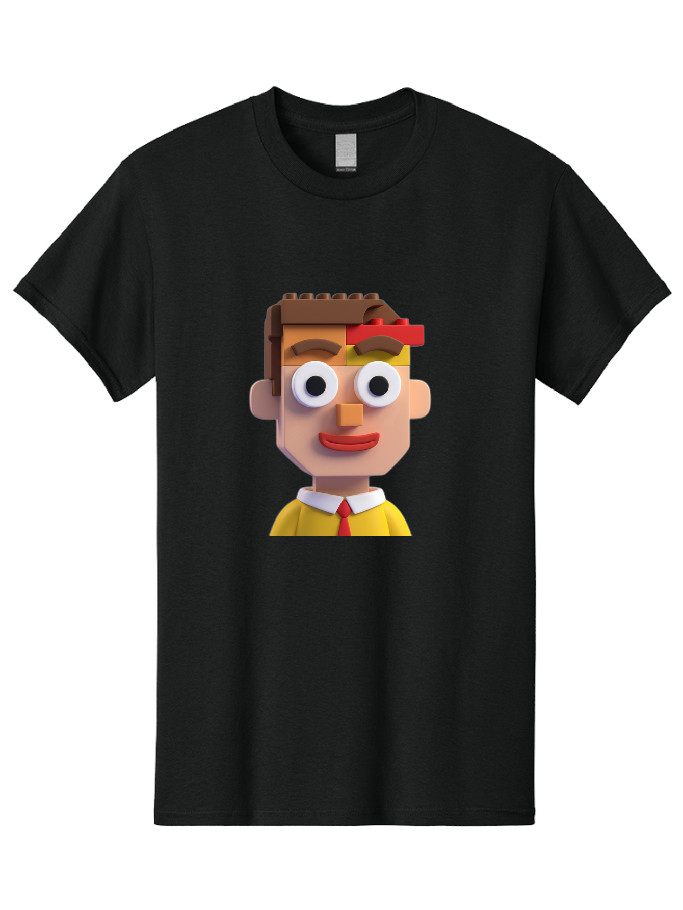 Lego-Man Men'S Graphic Tee, 100% Cotton, Comfortable Casual Summer Wear, Machine Washable, Cartoon Character, Lego Bricks, 3D Model, Funny Face, Large Eyes, Red Tie, Yellow Shirt, White Collar, Playful Design, Digital Art, Character Design Bae483
