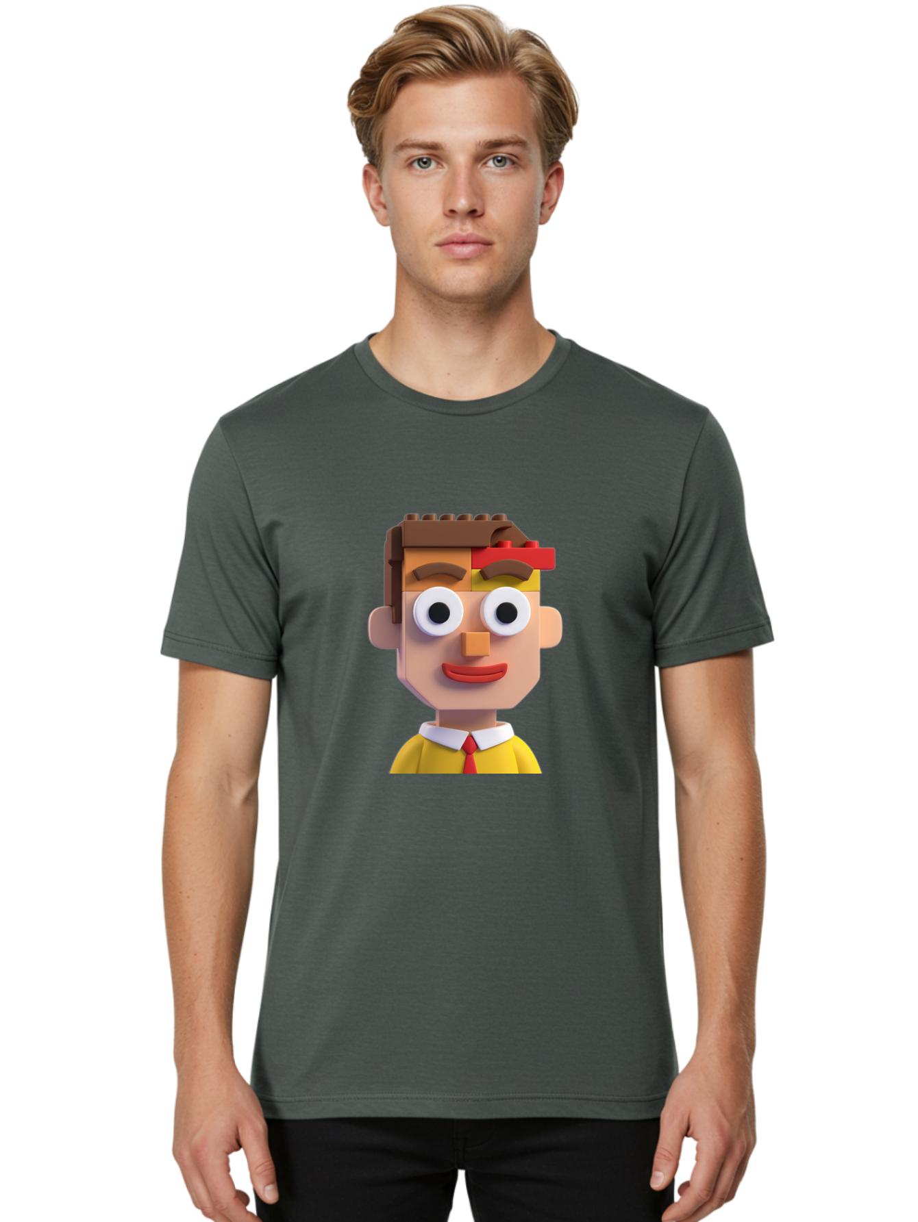 Lego-Man Men'S Graphic Tee, 100% Cotton, Comfortable Casual Summer Wear, Machine Washable, Cartoon Character, Lego Bricks, 3D Model, Funny Face, Large Eyes, Red Tie, Yellow Shirt, White Collar, Playful Design, Digital Art, Character Design Bae483