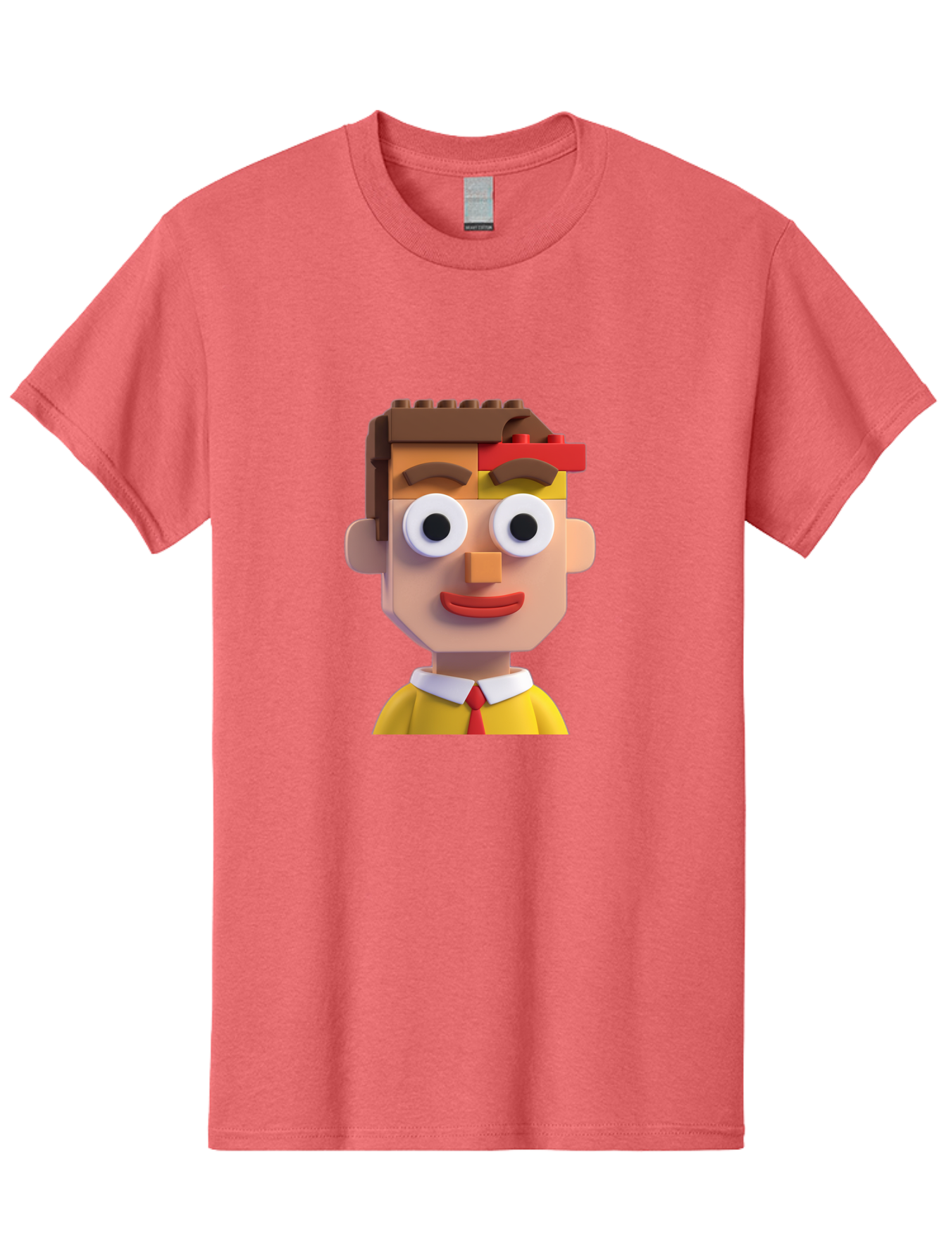 Lego-Man Men'S Graphic Tee, 100% Cotton, Comfortable Casual Summer Wear, Machine Washable, Cartoon Character, Lego Bricks, 3D Model, Funny Face, Large Eyes, Red Tie, Yellow Shirt, White Collar, Playful Design, Digital Art, Character Design Bae483