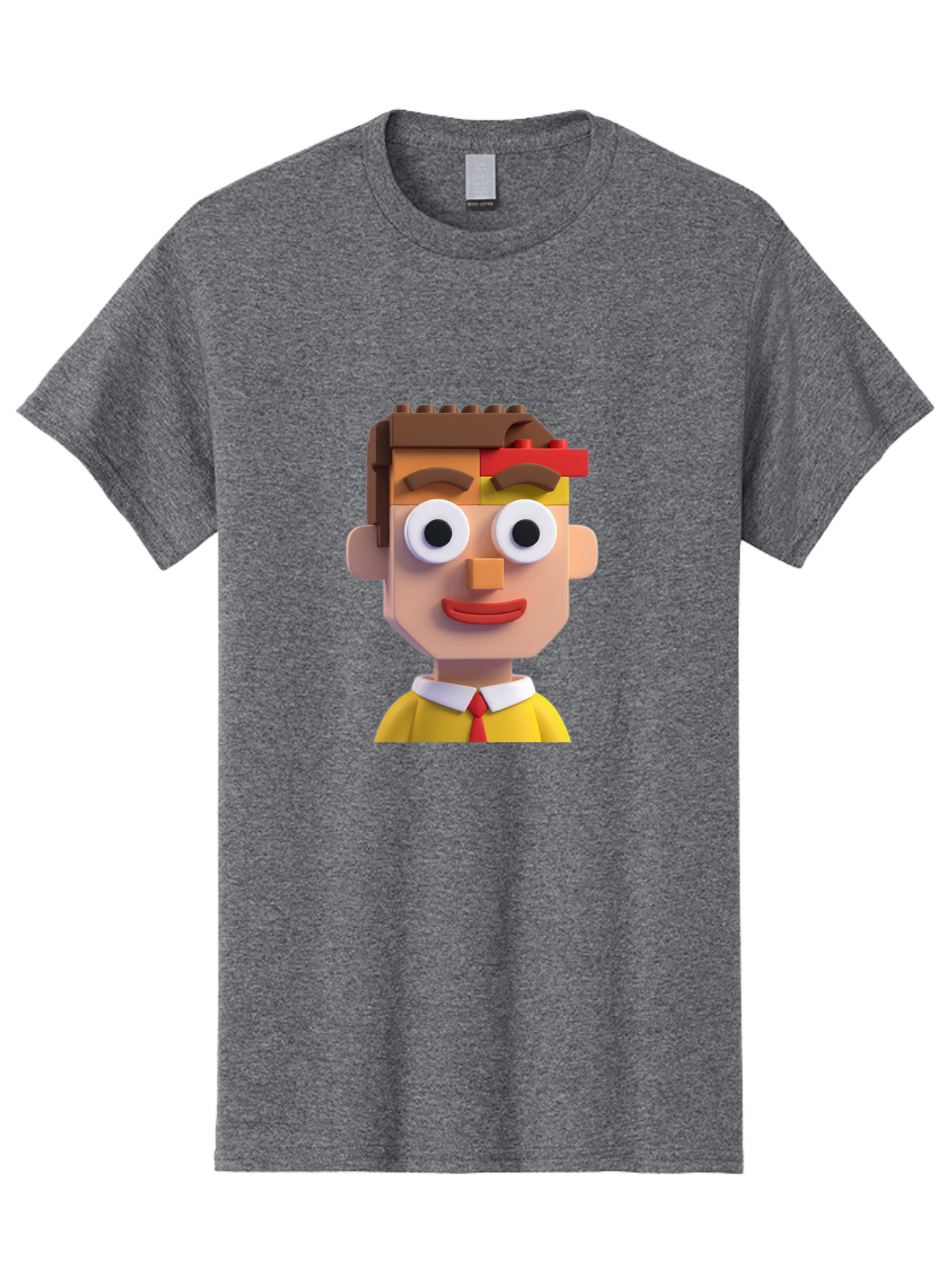 Lego-Man Men'S Graphic Tee, 100% Cotton, Comfortable Casual Summer Wear, Machine Washable, Cartoon Character, Lego Bricks, 3D Model, Funny Face, Large Eyes, Red Tie, Yellow Shirt, White Collar, Playful Design, Digital Art, Character Design Bae483