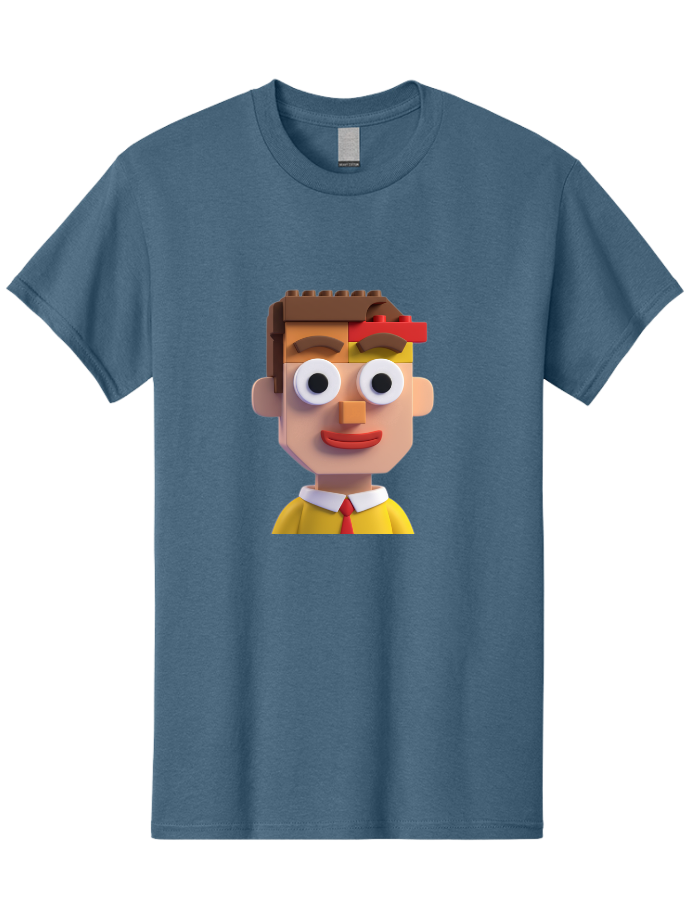 Lego-Man Men'S Graphic Tee, 100% Cotton, Comfortable Casual Summer Wear, Machine Washable, Cartoon Character, Lego Bricks, 3D Model, Funny Face, Large Eyes, Red Tie, Yellow Shirt, White Collar, Playful Design, Digital Art, Character Design Bae483