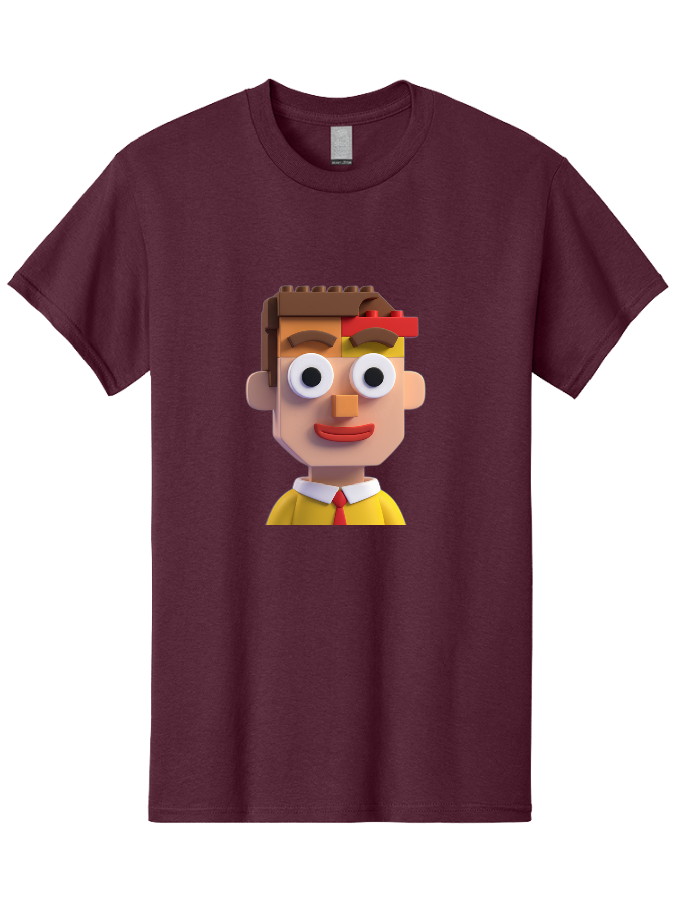 Lego-Man Men'S Graphic Tee, 100% Cotton, Comfortable Casual Summer Wear, Machine Washable, Cartoon Character, Lego Bricks, 3D Model, Funny Face, Large Eyes, Red Tie, Yellow Shirt, White Collar, Playful Design, Digital Art, Character Design Bae483