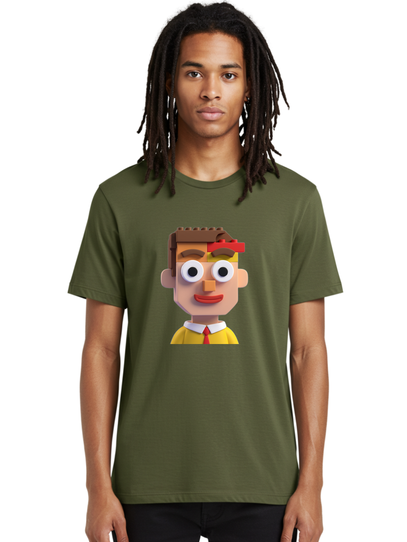 Lego-Man Men'S Graphic Tee, 100% Cotton, Comfortable Casual Summer Wear, Machine Washable, Cartoon Character, Lego Bricks, 3D Model, Funny Face, Large Eyes, Red Tie, Yellow Shirt, White Collar, Playful Design, Digital Art, Character Design Bae483