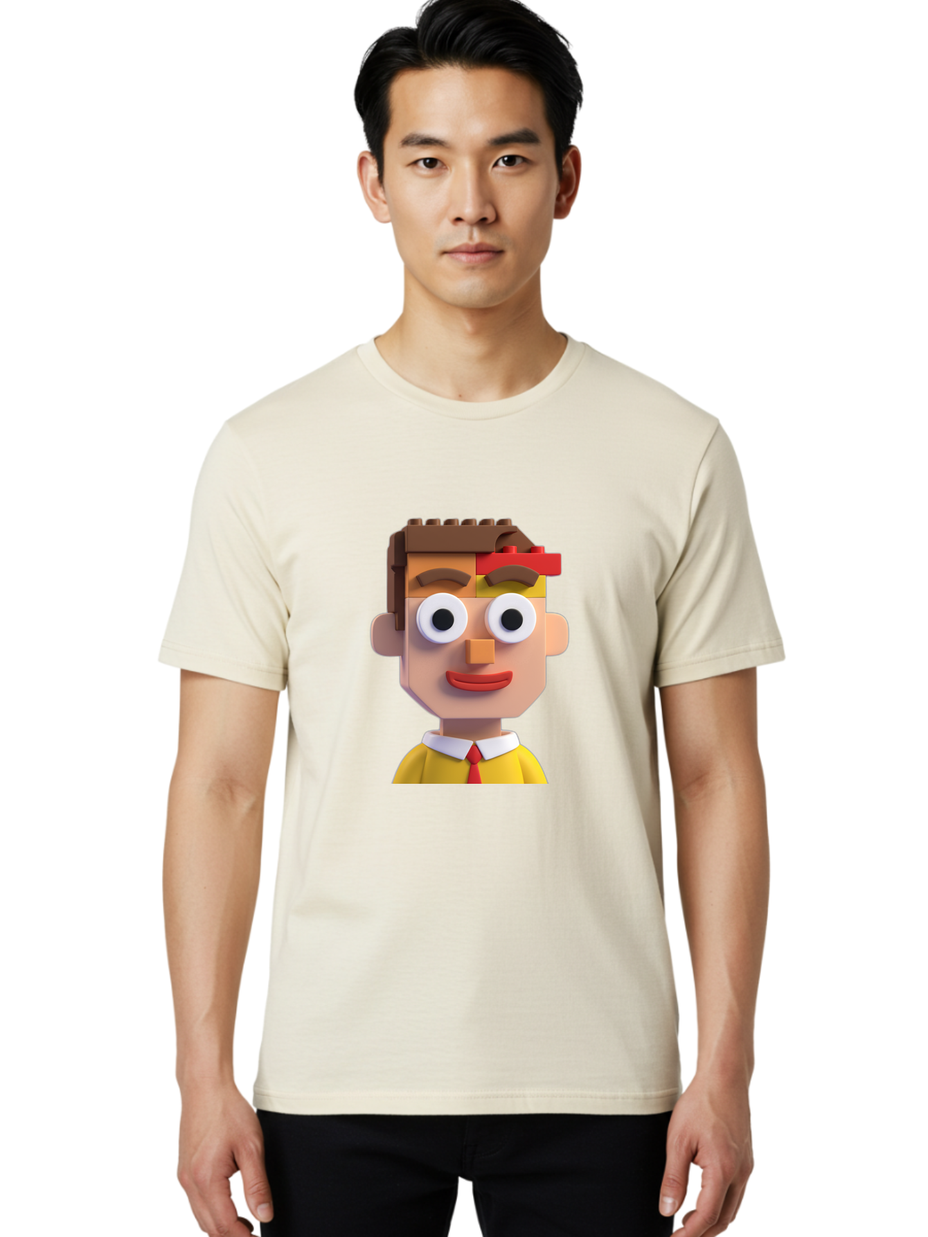 Lego-Man Men'S Graphic Tee, 100% Cotton, Comfortable Casual Summer Wear, Machine Washable, Cartoon Character, Lego Bricks, 3D Model, Funny Face, Large Eyes, Red Tie, Yellow Shirt, White Collar, Playful Design, Digital Art, Character Design Bae483