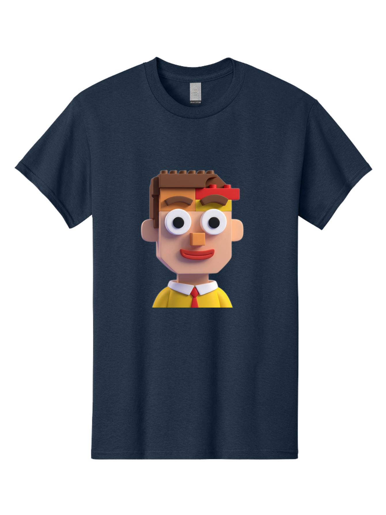 Lego-Man Men'S Graphic Tee, 100% Cotton, Comfortable Casual Summer Wear, Machine Washable, Cartoon Character, Lego Bricks, 3D Model, Funny Face, Large Eyes, Red Tie, Yellow Shirt, White Collar, Playful Design, Digital Art, Character Design Bae483