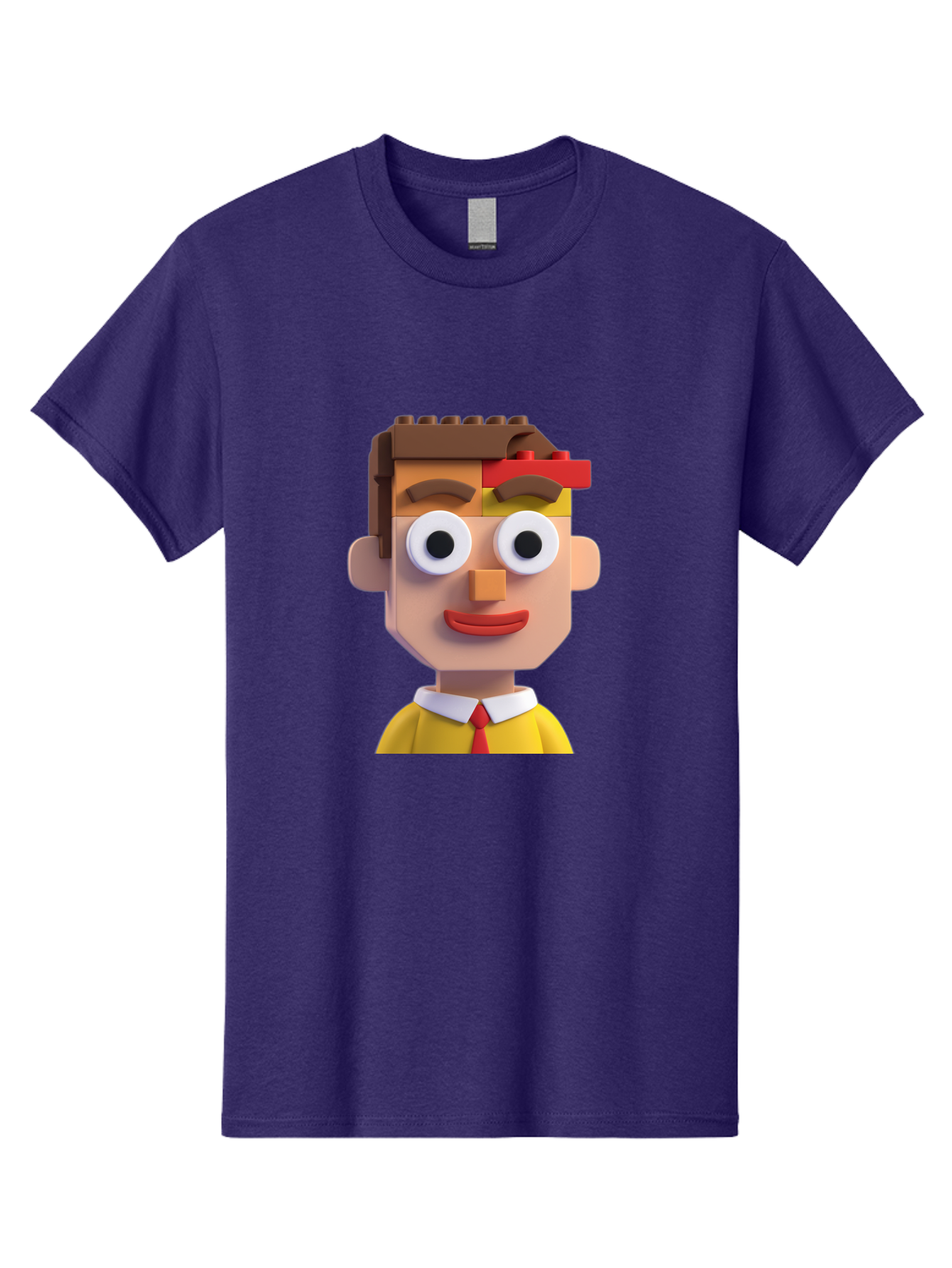 Lego-Man Men'S Graphic Tee, 100% Cotton, Comfortable Casual Summer Wear, Machine Washable, Cartoon Character, Lego Bricks, 3D Model, Funny Face, Large Eyes, Red Tie, Yellow Shirt, White Collar, Playful Design, Digital Art, Character Design Bae483