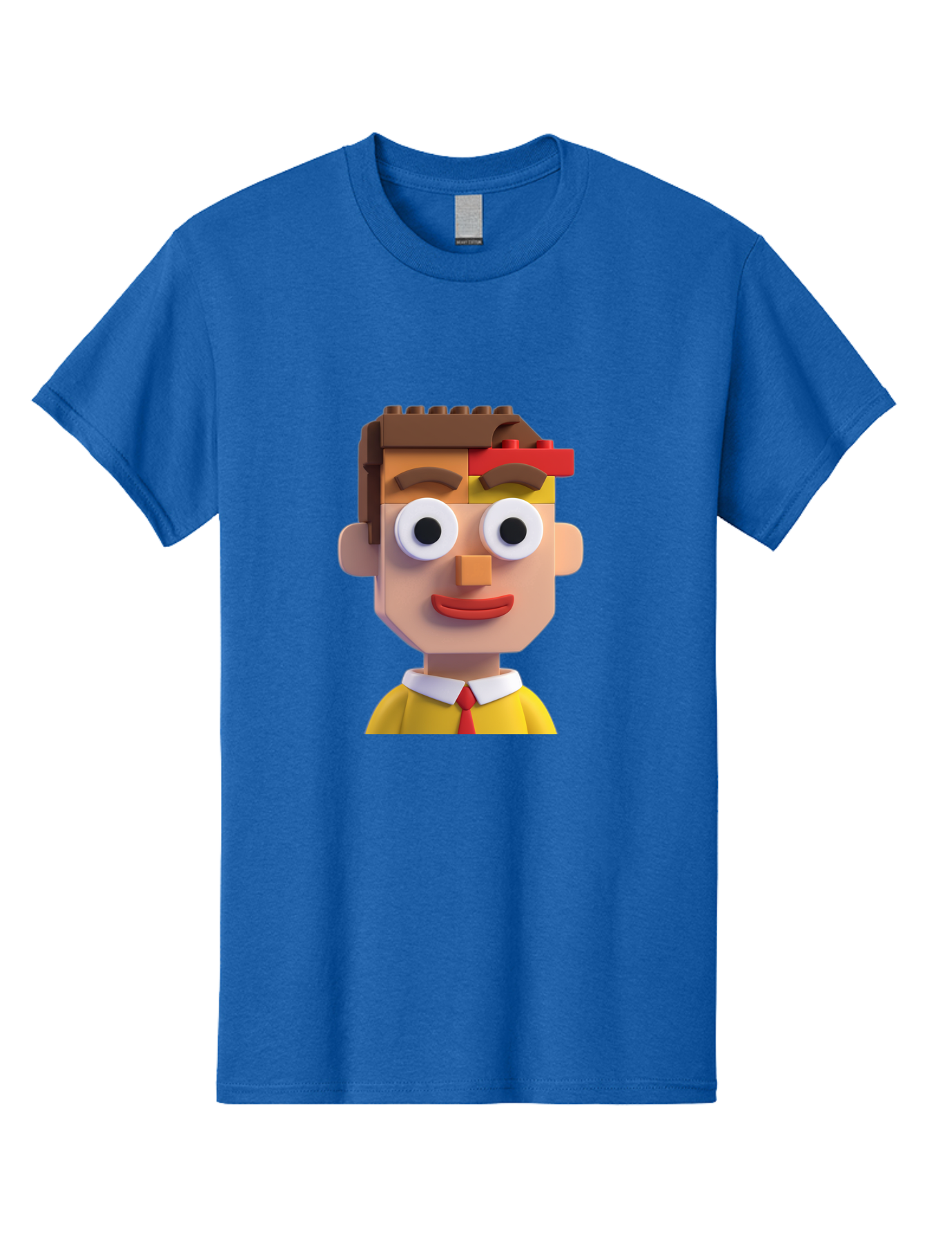 Lego-Man Men'S Graphic Tee, 100% Cotton, Comfortable Casual Summer Wear, Machine Washable, Cartoon Character, Lego Bricks, 3D Model, Funny Face, Large Eyes, Red Tie, Yellow Shirt, White Collar, Playful Design, Digital Art, Character Design Bae483