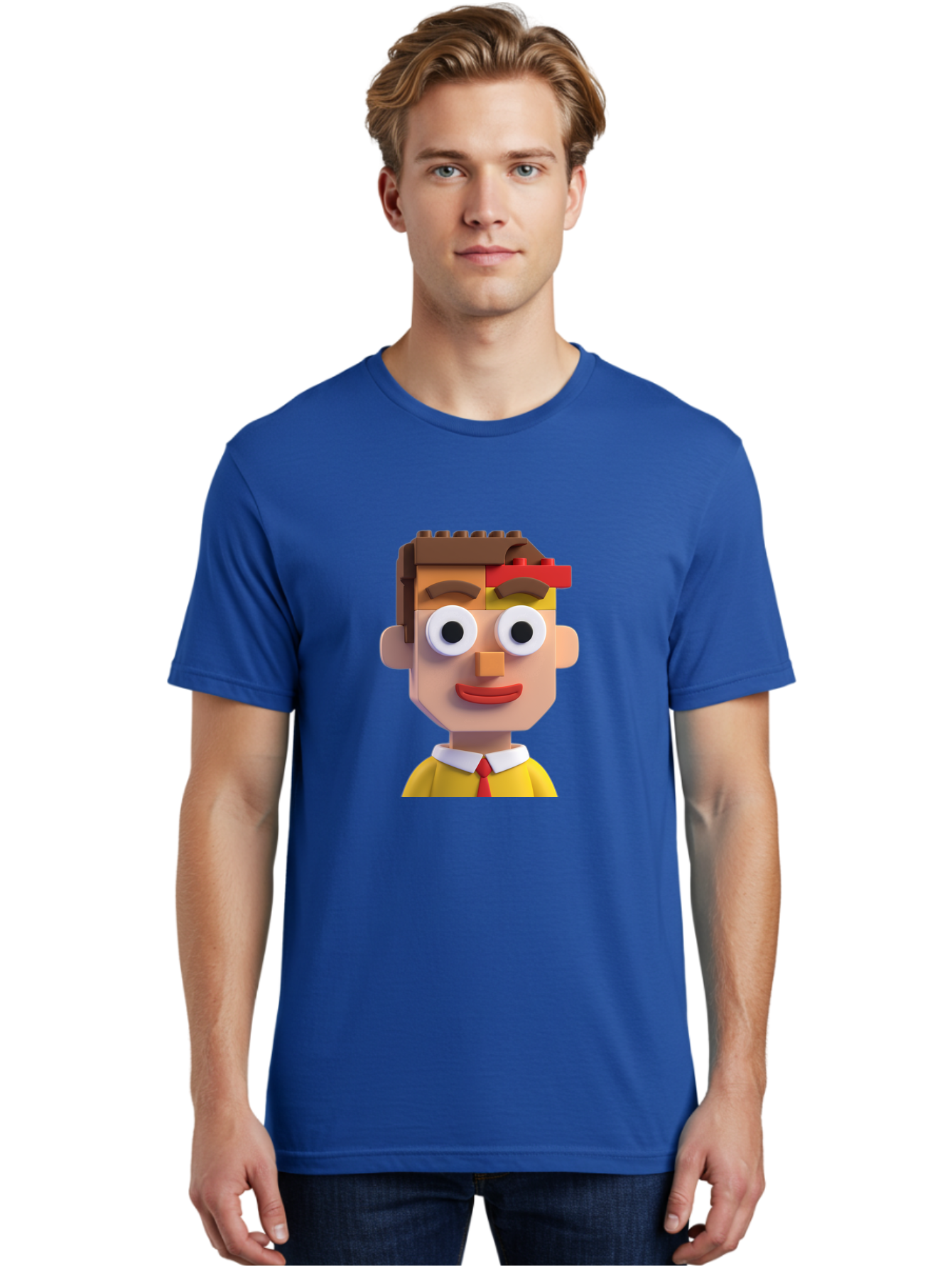 Lego-Man Men'S Graphic Tee, 100% Cotton, Comfortable Casual Summer Wear, Machine Washable, Cartoon Character, Lego Bricks, 3D Model, Funny Face, Large Eyes, Red Tie, Yellow Shirt, White Collar, Playful Design, Digital Art, Character Design Bae483
