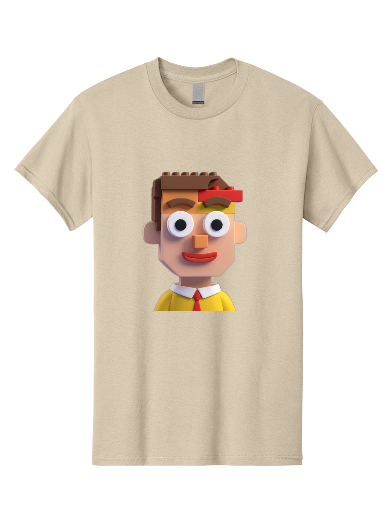 Lego-Man Men'S Graphic Tee, 100% Cotton, Comfortable Casual Summer Wear, Machine Washable, Cartoon Character, Lego Bricks, 3D Model, Funny Face, Large Eyes, Red Tie, Yellow Shirt, White Collar, Playful Design, Digital Art, Character Design Bae483