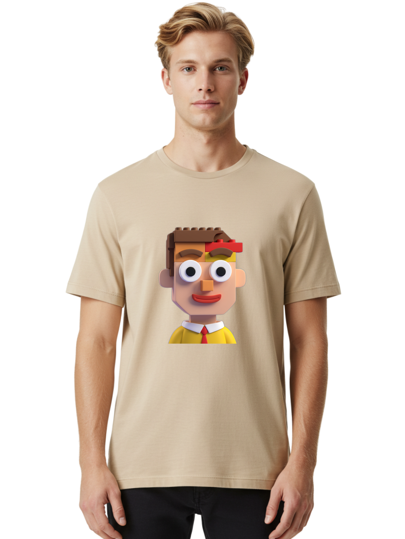 Lego-Man Men'S Graphic Tee, 100% Cotton, Comfortable Casual Summer Wear, Machine Washable, Cartoon Character, Lego Bricks, 3D Model, Funny Face, Large Eyes, Red Tie, Yellow Shirt, White Collar, Playful Design, Digital Art, Character Design Bae483