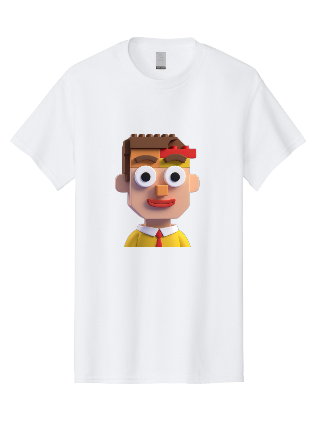 Lego-Man Men'S Graphic Tee, 100% Cotton, Comfortable Casual Summer Wear, Machine Washable, Cartoon Character, Lego Bricks, 3D Model, Funny Face, Large Eyes, Red Tie, Yellow Shirt, White Collar, Playful Design, Digital Art, Character Design Bae483