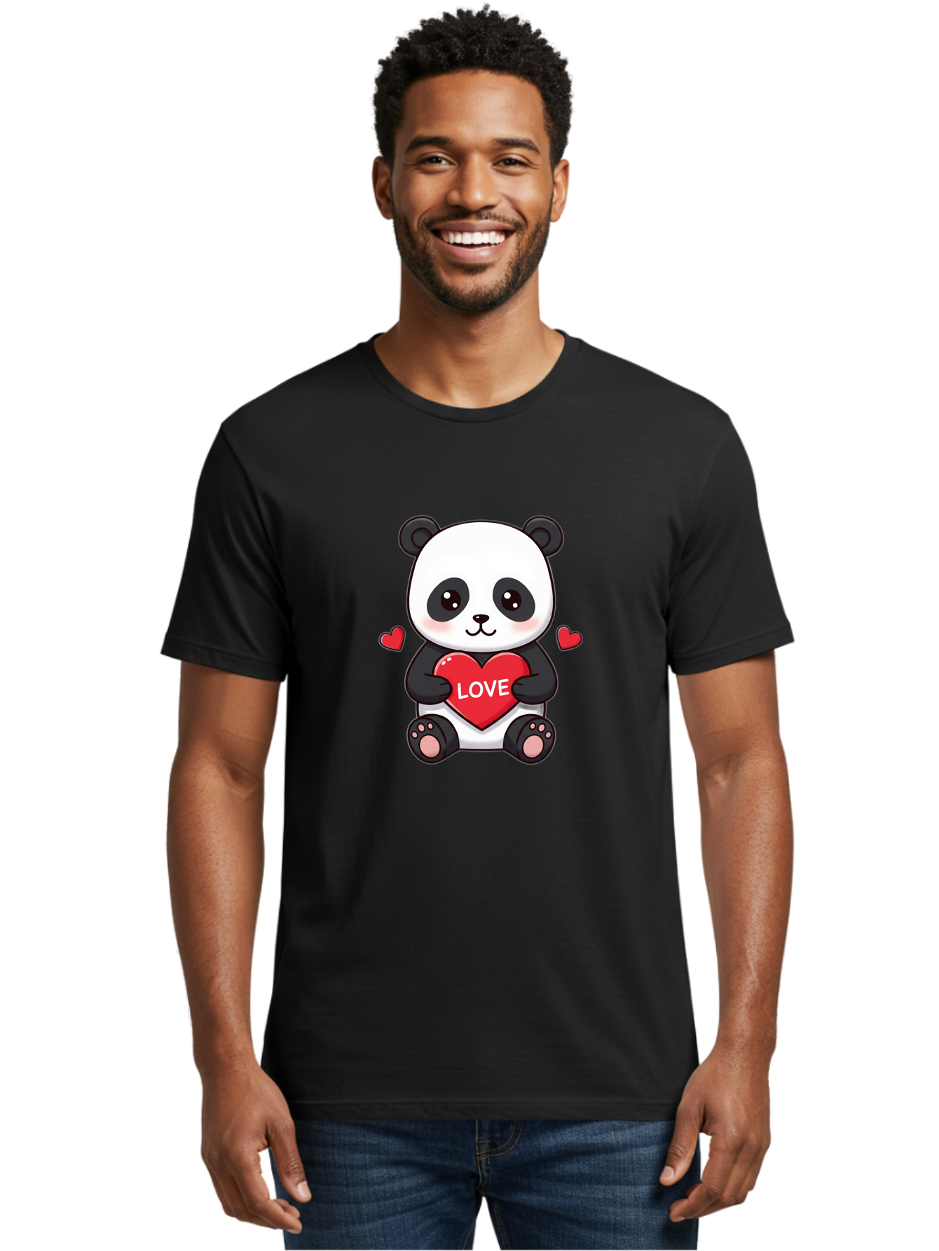 Love-Panda Men'S Graphic Tee, 100% Cotton, Comfortable Casual Summer Wear, Machine Washable, Cute Panda Bear, Love Heart, Red Heart With Love, Adorable Cartoon Character, Kawaii Illustration, Heartwarming Scene, Panda Love Bae486
