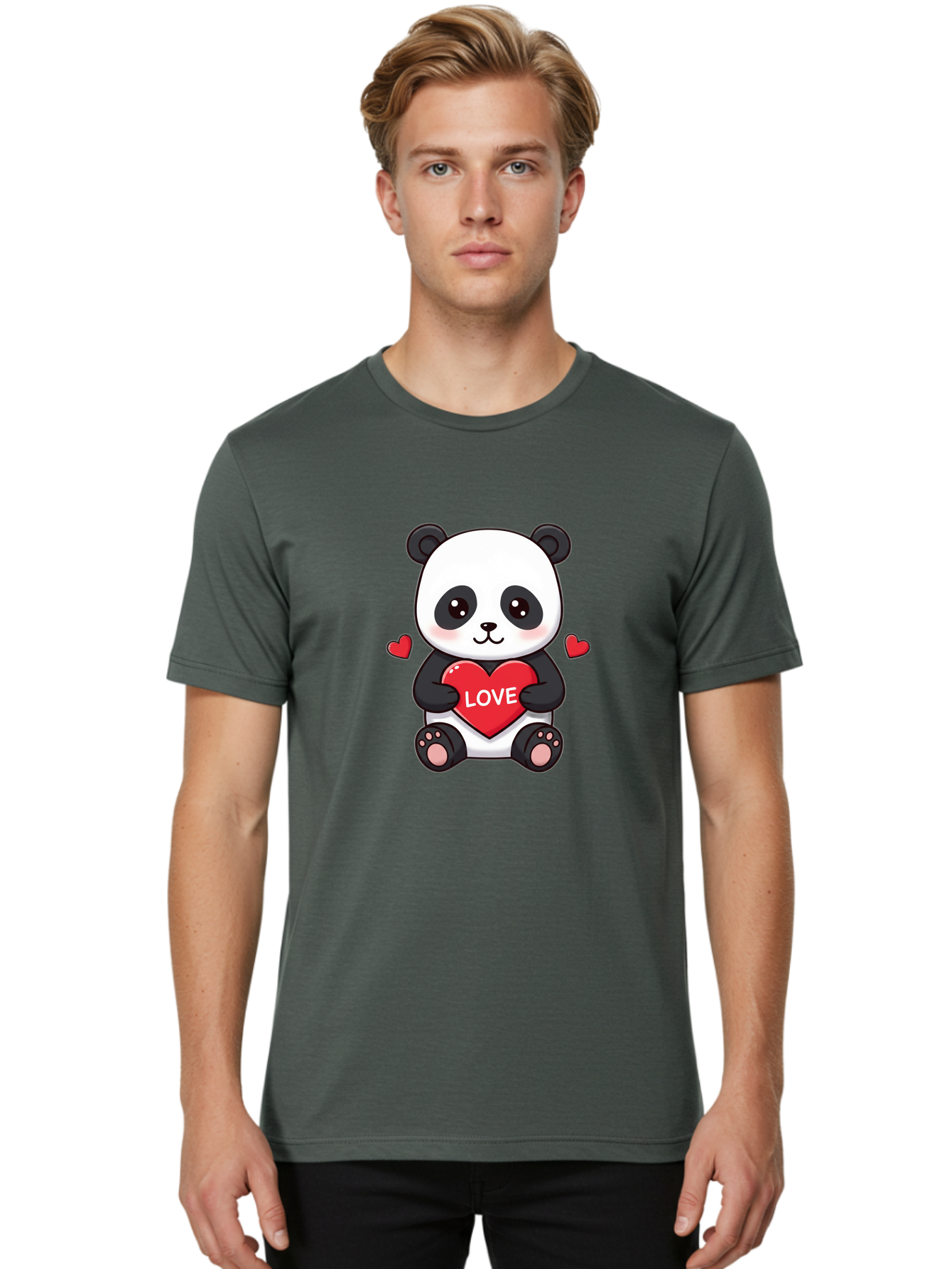 Love-Panda Men'S Graphic Tee, 100% Cotton, Comfortable Casual Summer Wear, Machine Washable, Cute Panda Bear, Love Heart, Red Heart With Love, Adorable Cartoon Character, Kawaii Illustration, Heartwarming Scene, Panda Love Bae486