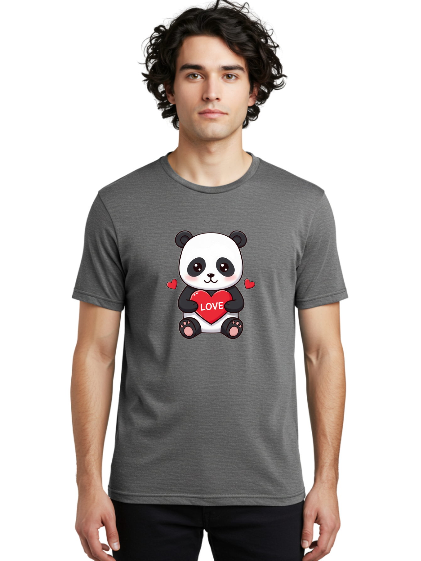 Love-Panda Men'S Graphic Tee, 100% Cotton, Comfortable Casual Summer Wear, Machine Washable, Cute Panda Bear, Love Heart, Red Heart With Love, Adorable Cartoon Character, Kawaii Illustration, Heartwarming Scene, Panda Love Bae486