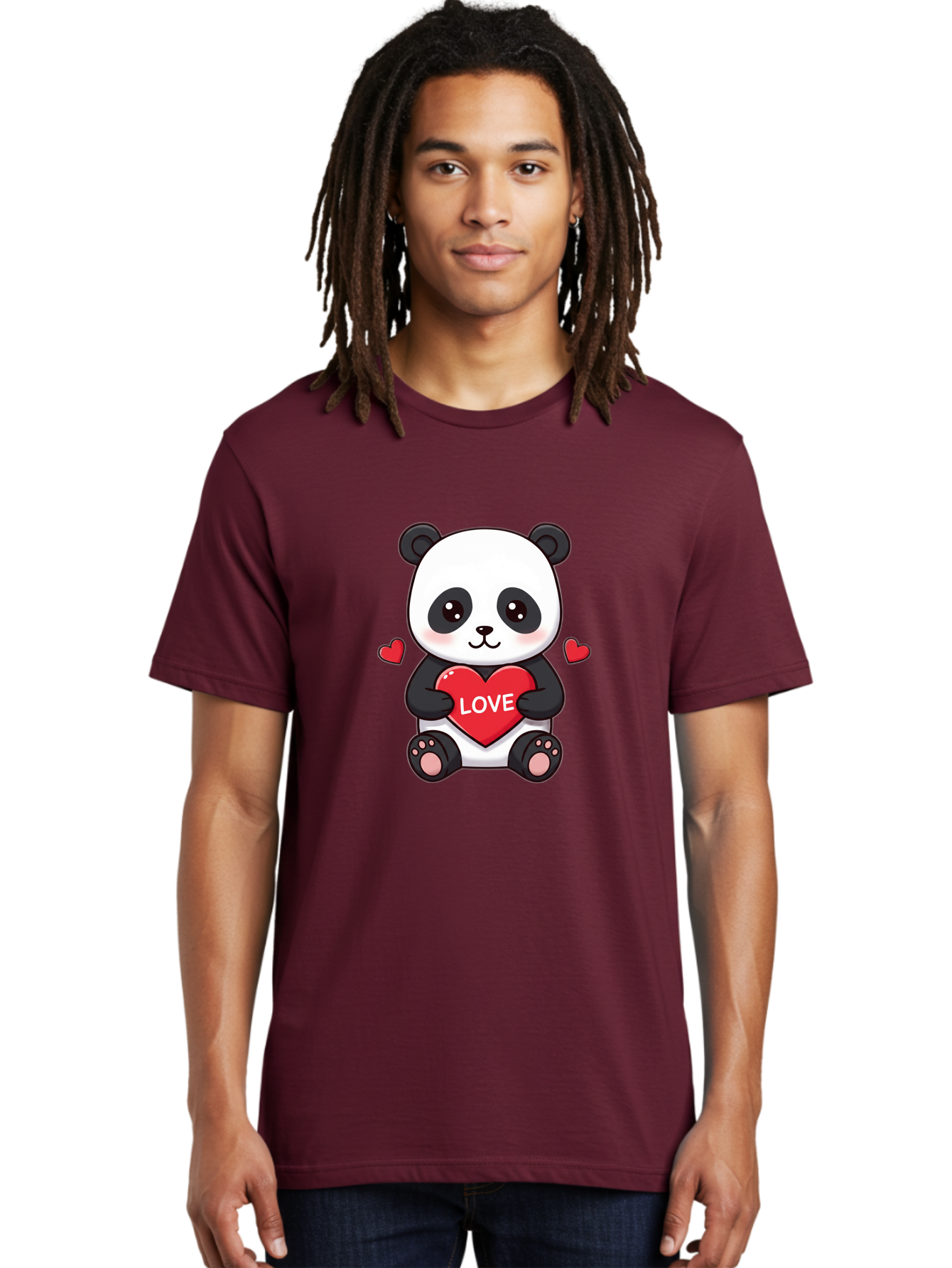 Love-Panda Men'S Graphic Tee, 100% Cotton, Comfortable Casual Summer Wear, Machine Washable, Cute Panda Bear, Love Heart, Red Heart With Love, Adorable Cartoon Character, Kawaii Illustration, Heartwarming Scene, Panda Love Bae486