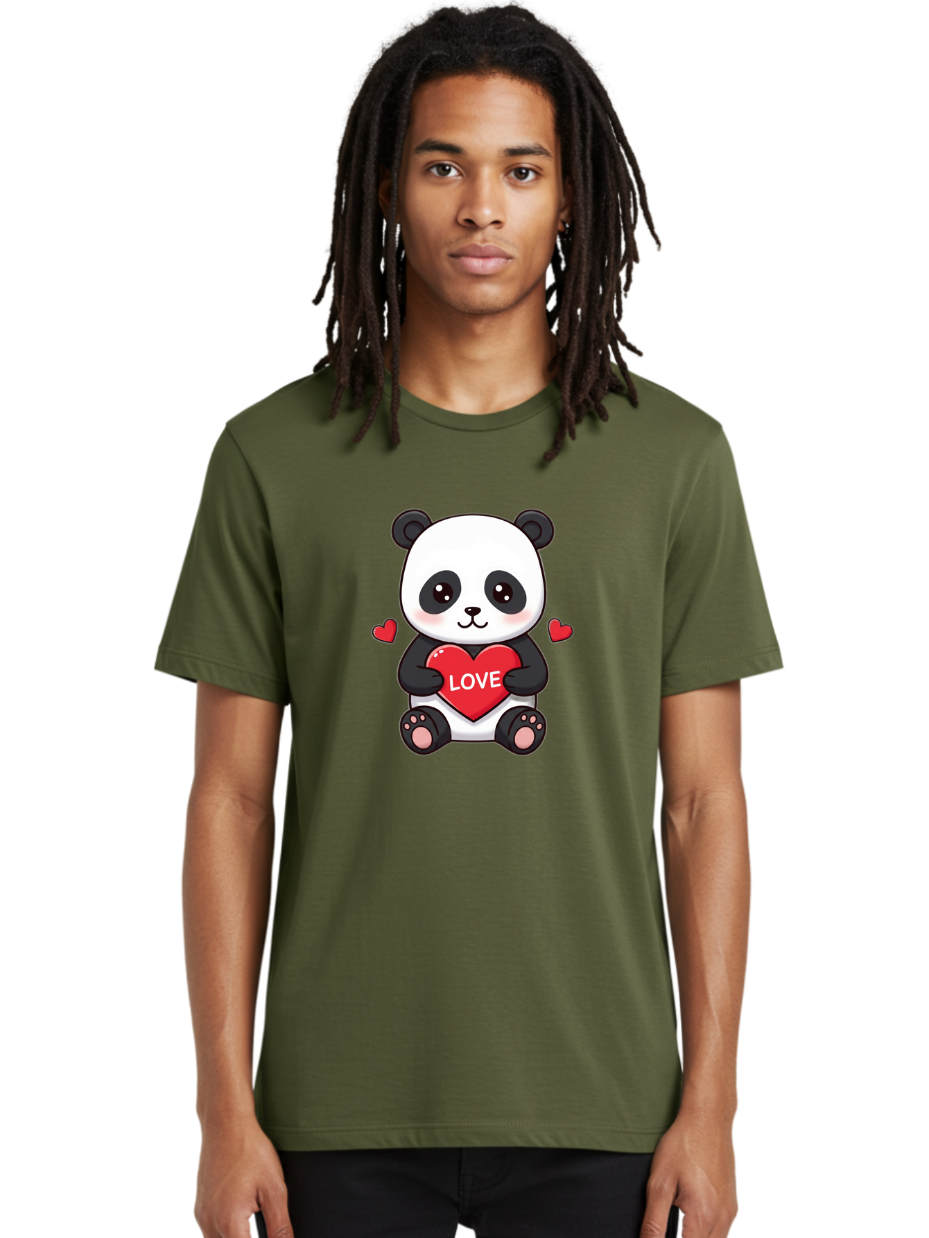 Love-Panda Men'S Graphic Tee, 100% Cotton, Comfortable Casual Summer Wear, Machine Washable, Cute Panda Bear, Love Heart, Red Heart With Love, Adorable Cartoon Character, Kawaii Illustration, Heartwarming Scene, Panda Love Bae486