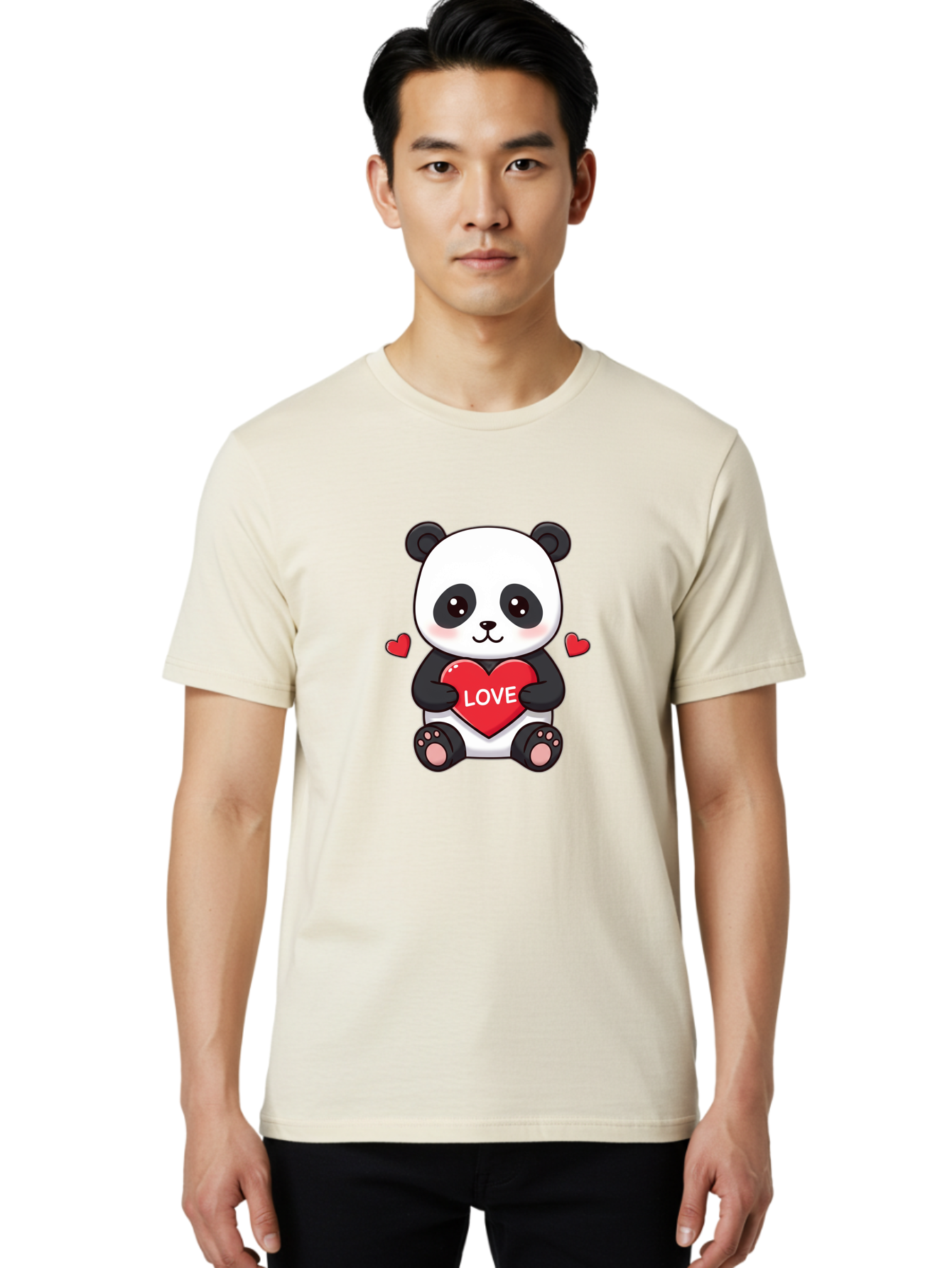 Love-Panda Men'S Graphic Tee, 100% Cotton, Comfortable Casual Summer Wear, Machine Washable, Cute Panda Bear, Love Heart, Red Heart With Love, Adorable Cartoon Character, Kawaii Illustration, Heartwarming Scene, Panda Love Bae486