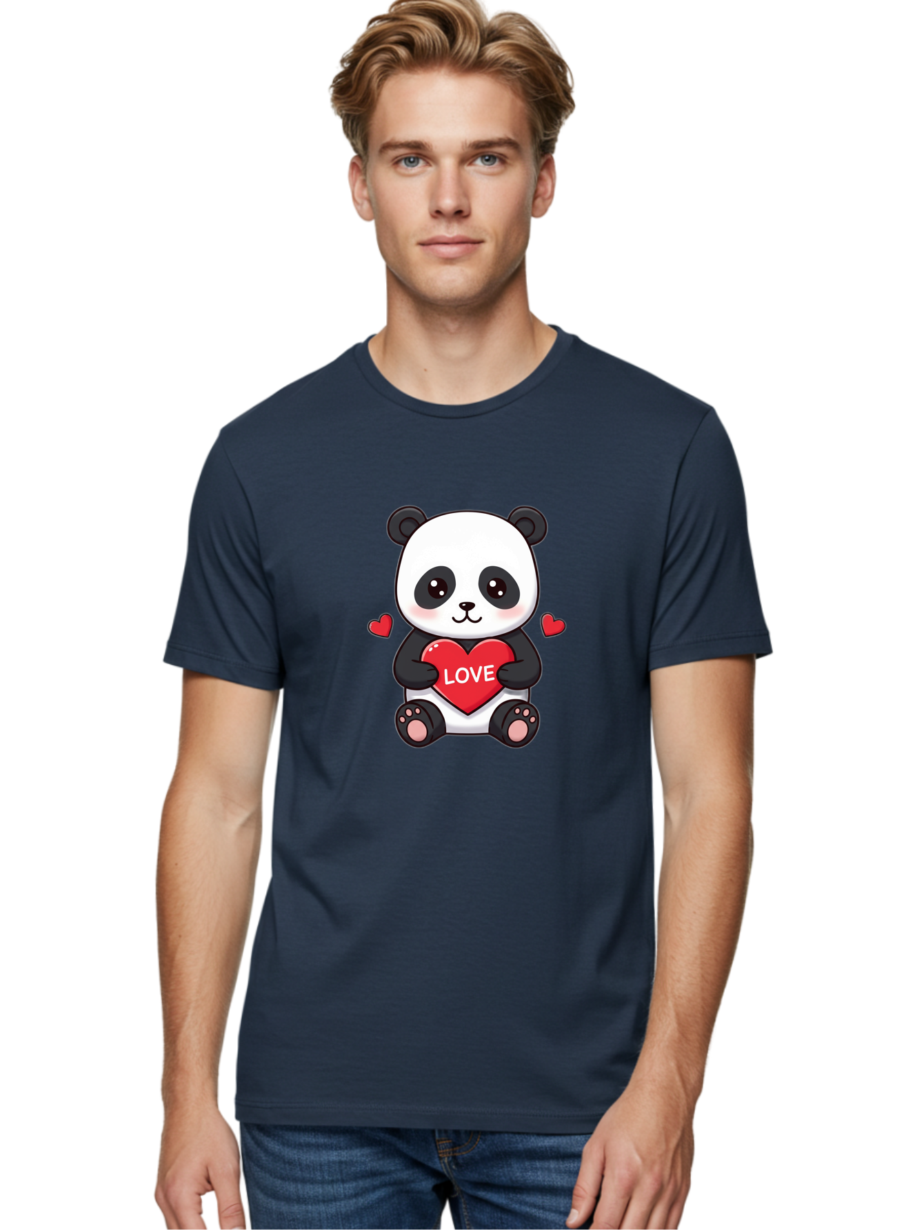 Love-Panda Men'S Graphic Tee, 100% Cotton, Comfortable Casual Summer Wear, Machine Washable, Cute Panda Bear, Love Heart, Red Heart With Love, Adorable Cartoon Character, Kawaii Illustration, Heartwarming Scene, Panda Love Bae486