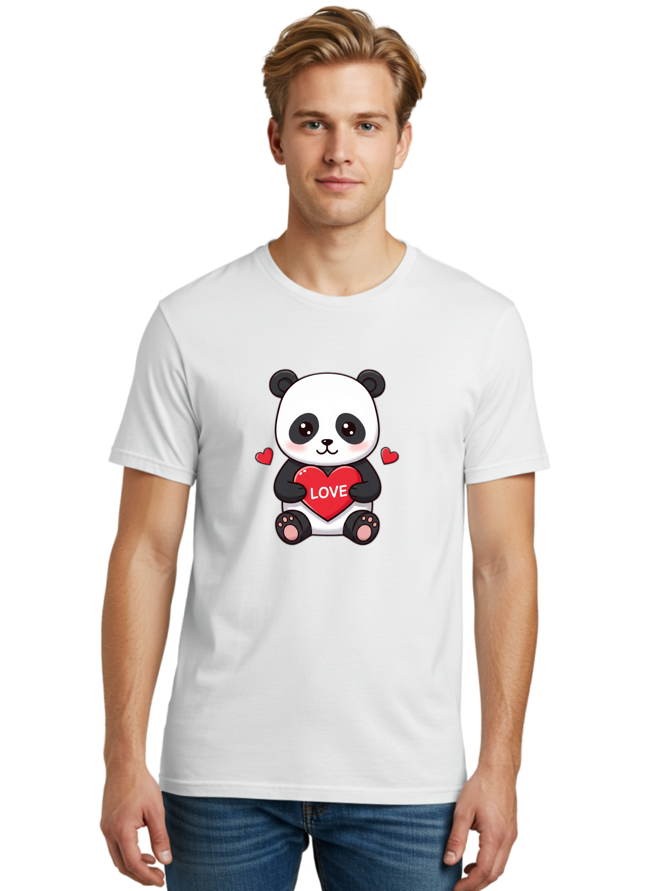 Love-Panda Men'S Graphic Tee, 100% Cotton, Comfortable Casual Summer Wear, Machine Washable, Cute Panda Bear, Love Heart, Red Heart With Love, Adorable Cartoon Character, Kawaii Illustration, Heartwarming Scene, Panda Love Bae486
