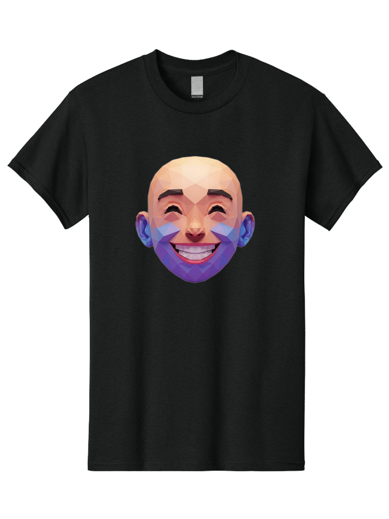 Low-Poly-Face Men'S Graphic Tee, 100% Cotton, Comfortable Casual Summer Wear, Machine Washable, Low Poly Art, 3D Model, Smiling Face, Bald Man, Purple Beard, Happy Expression, Geometric Shapes, Cartoon Style, Digital Art, Modern Design Bae487