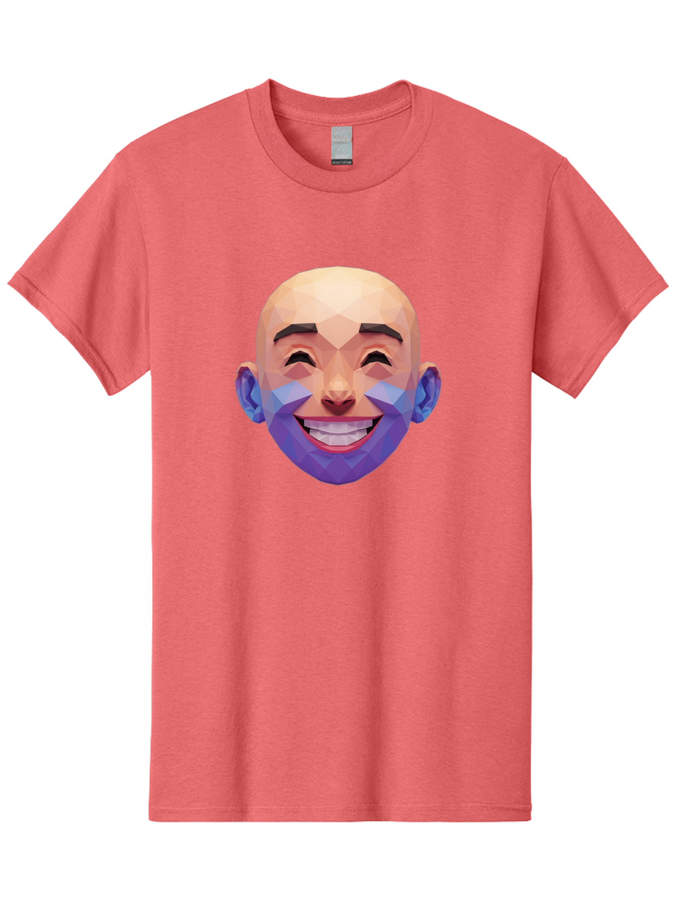 Low-Poly-Face Men'S Graphic Tee, 100% Cotton, Comfortable Casual Summer Wear, Machine Washable, Low Poly Art, 3D Model, Smiling Face, Bald Man, Purple Beard, Happy Expression, Geometric Shapes, Cartoon Style, Digital Art, Modern Design Bae487