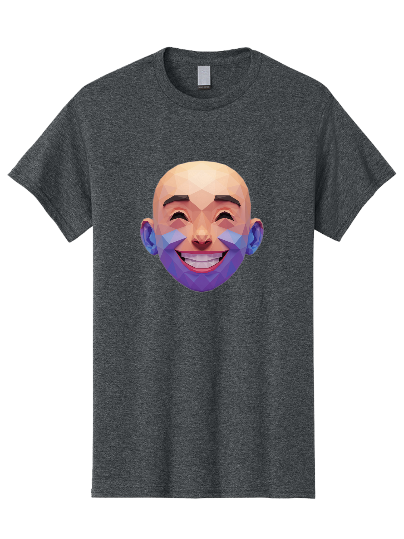 Low-Poly-Face Men'S Graphic Tee, 100% Cotton, Comfortable Casual Summer Wear, Machine Washable, Low Poly Art, 3D Model, Smiling Face, Bald Man, Purple Beard, Happy Expression, Geometric Shapes, Cartoon Style, Digital Art, Modern Design Bae487